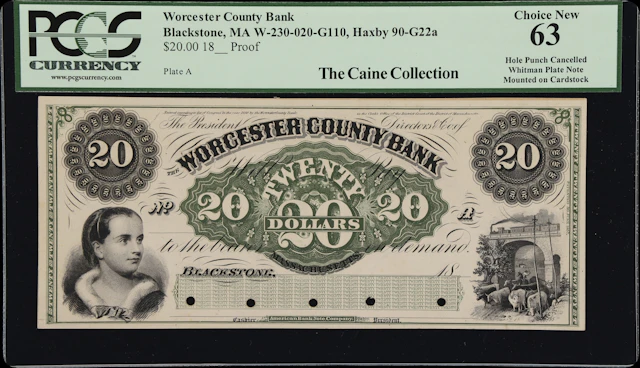 Blackstone, Massachusetts. Worcester County Bank. 18xx $20. PCGS Currency