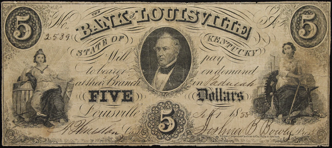 Louisville, Kentucky. Bank of Louisville. 1853 $5. Fine. Contemporary