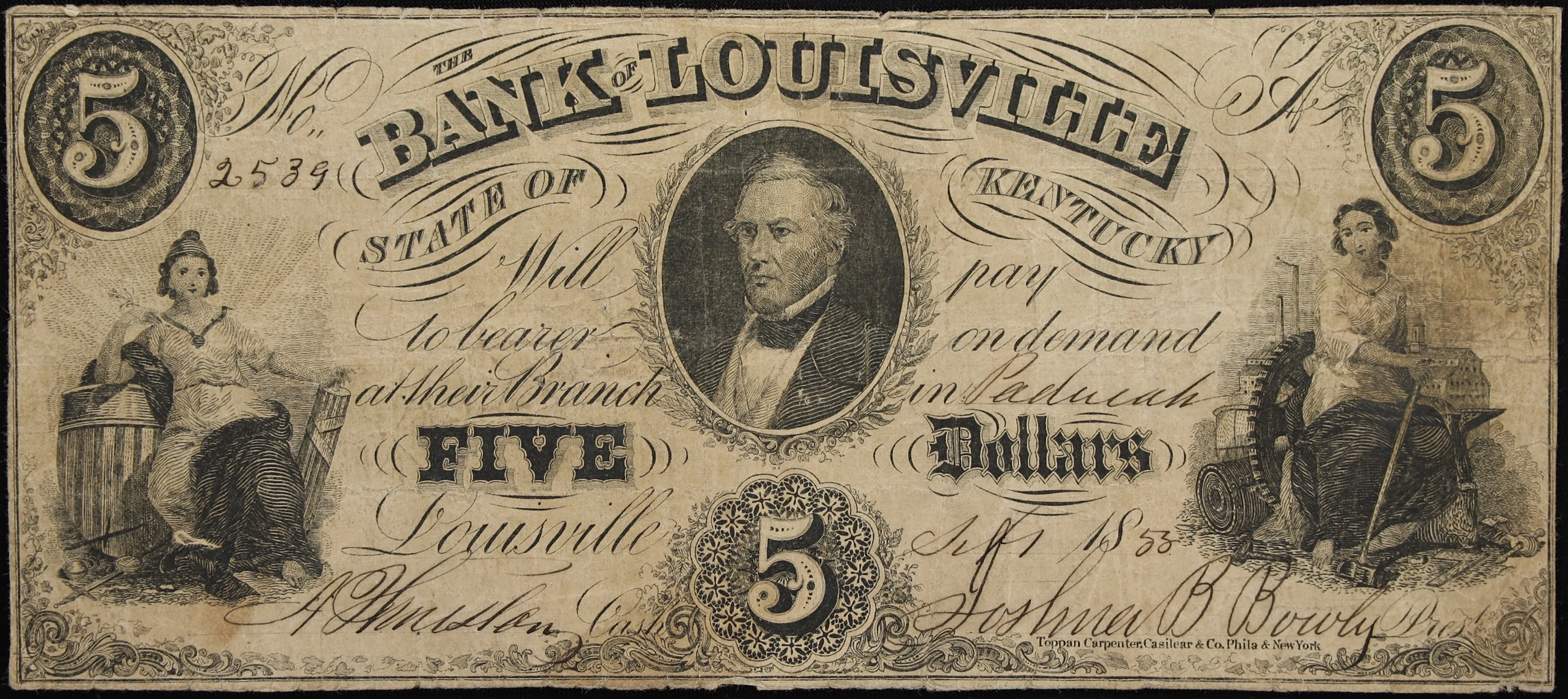 Louisville, Kentucky. Bank of Louisville. 1853 $5. Fine. Contemporary