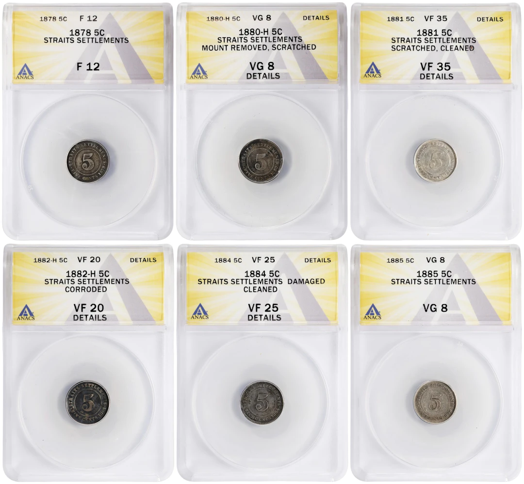 STRAITS SETTLEMENTS. Sextet of 5 Cents (6 Pieces), 1878-85. All ANACS