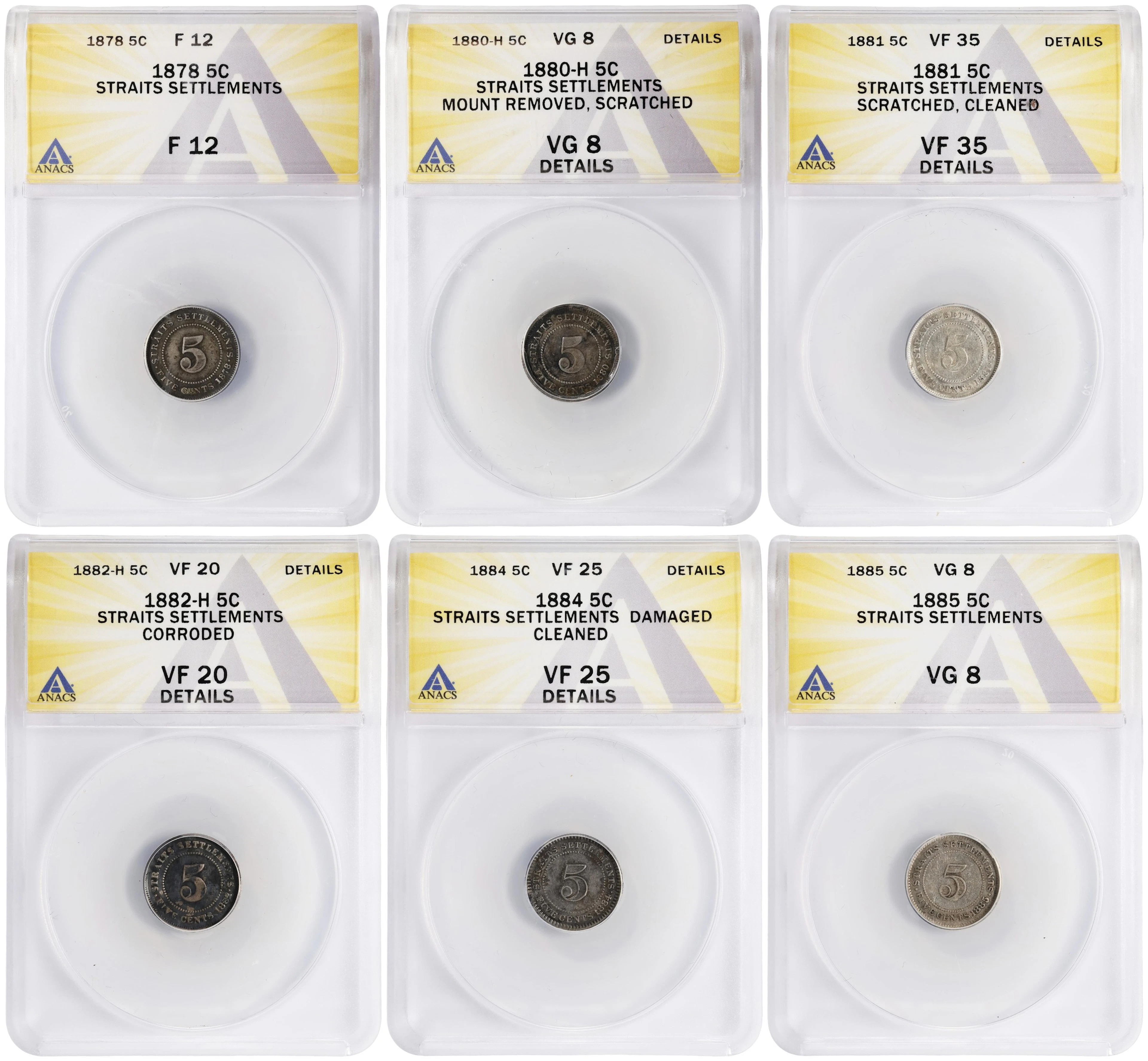 STRAITS SETTLEMENTS. Sextet of 5 Cents (6 Pieces), 1878-85. All ANACS