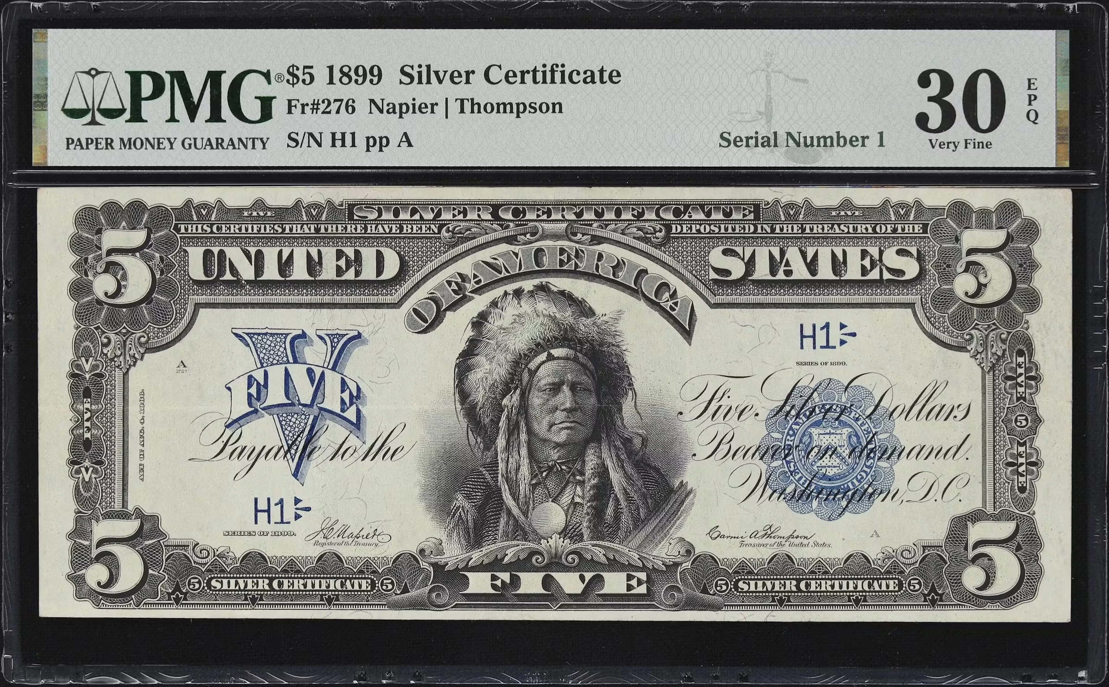 Fr. 276. 1899 $5 Silver Certificate. PMG Very Fine 30 EPQ. Serial Number 1.