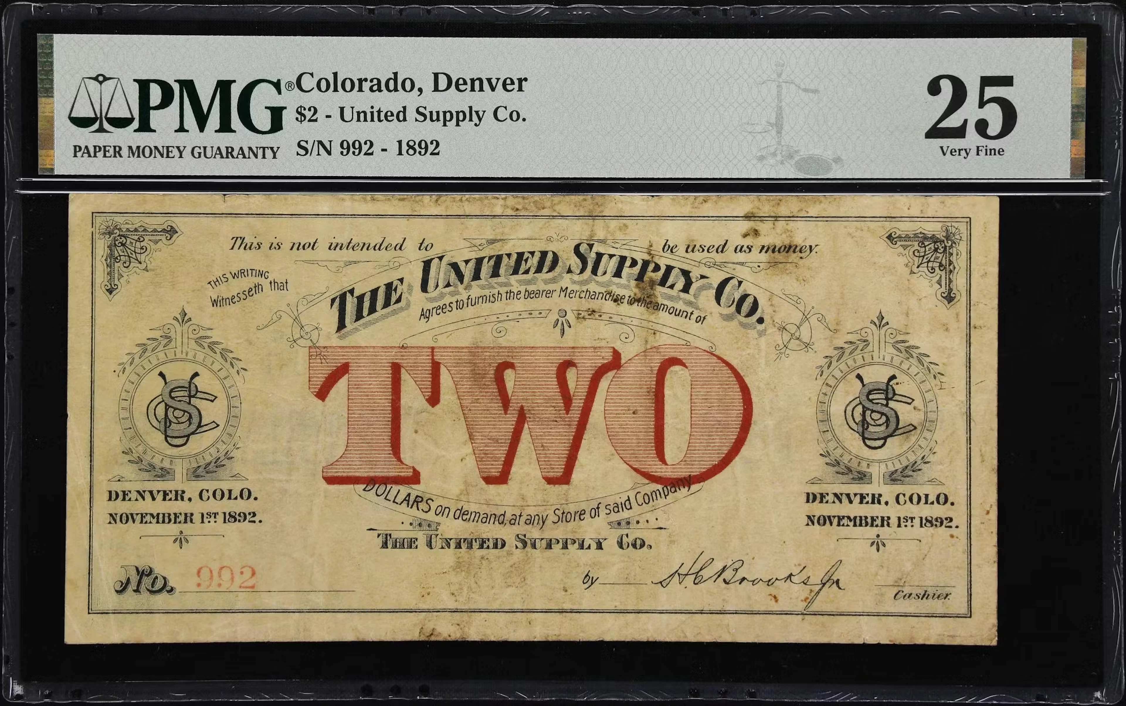 Denver, Colorado. United Supply Company. 1892 $2. PMG Very Fine 25.