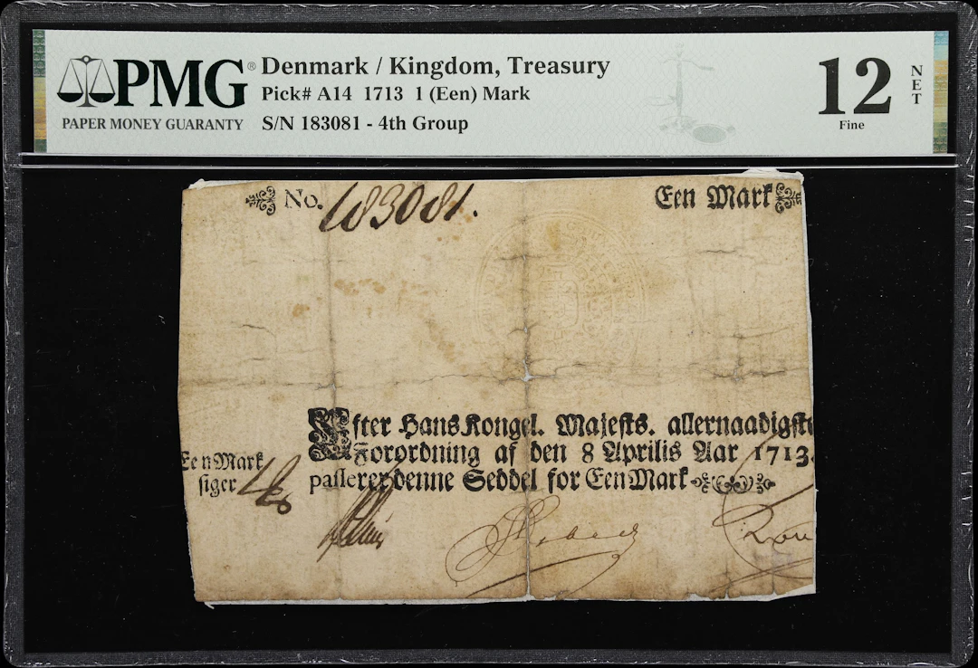 (◊) DENMARK. Treasury. 1 (Een) Mark, 8.4.1713. P-A14. Sieg 19. PMG