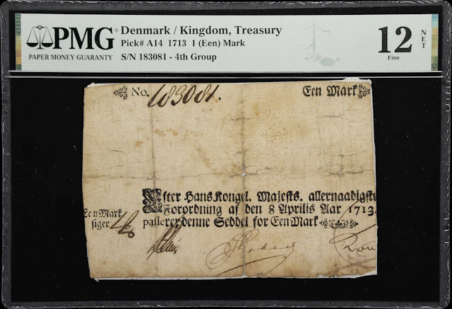(◊) DENMARK. Treasury. 1 (Een) Mark, 8.4.1713. P-A14. Sieg 19. PMG