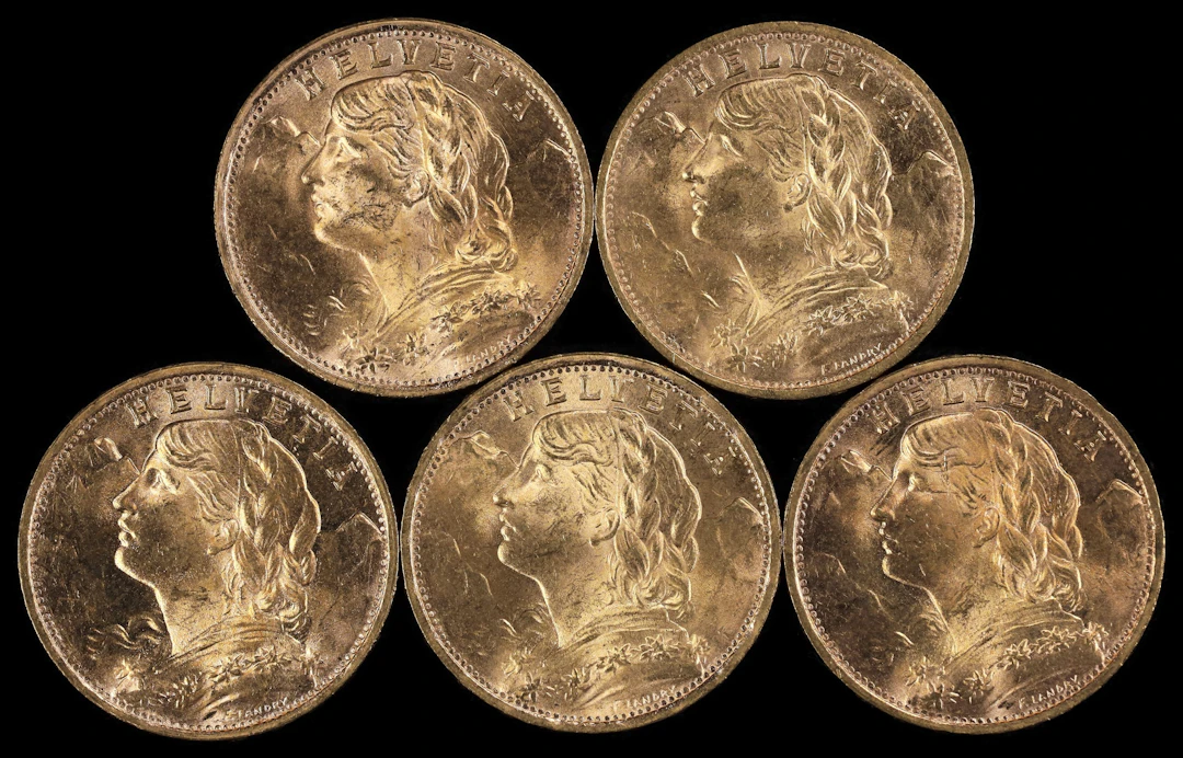 (0.935 oz, 29.082 g AGW). Switzerland. Lot of (5) Mixed Date Gold 20 Francs.