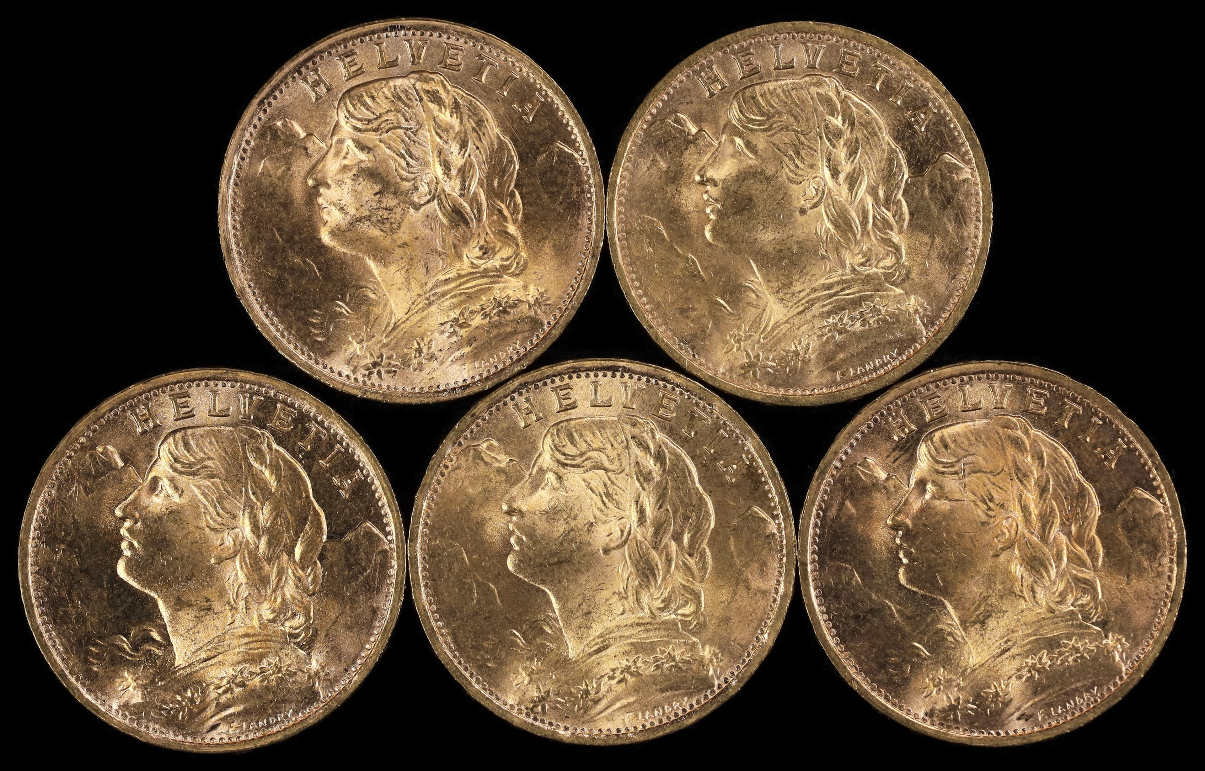 (0.935 oz, 29.082 g AGW). Switzerland. Lot of (5) Mixed Date Gold 20 Francs.