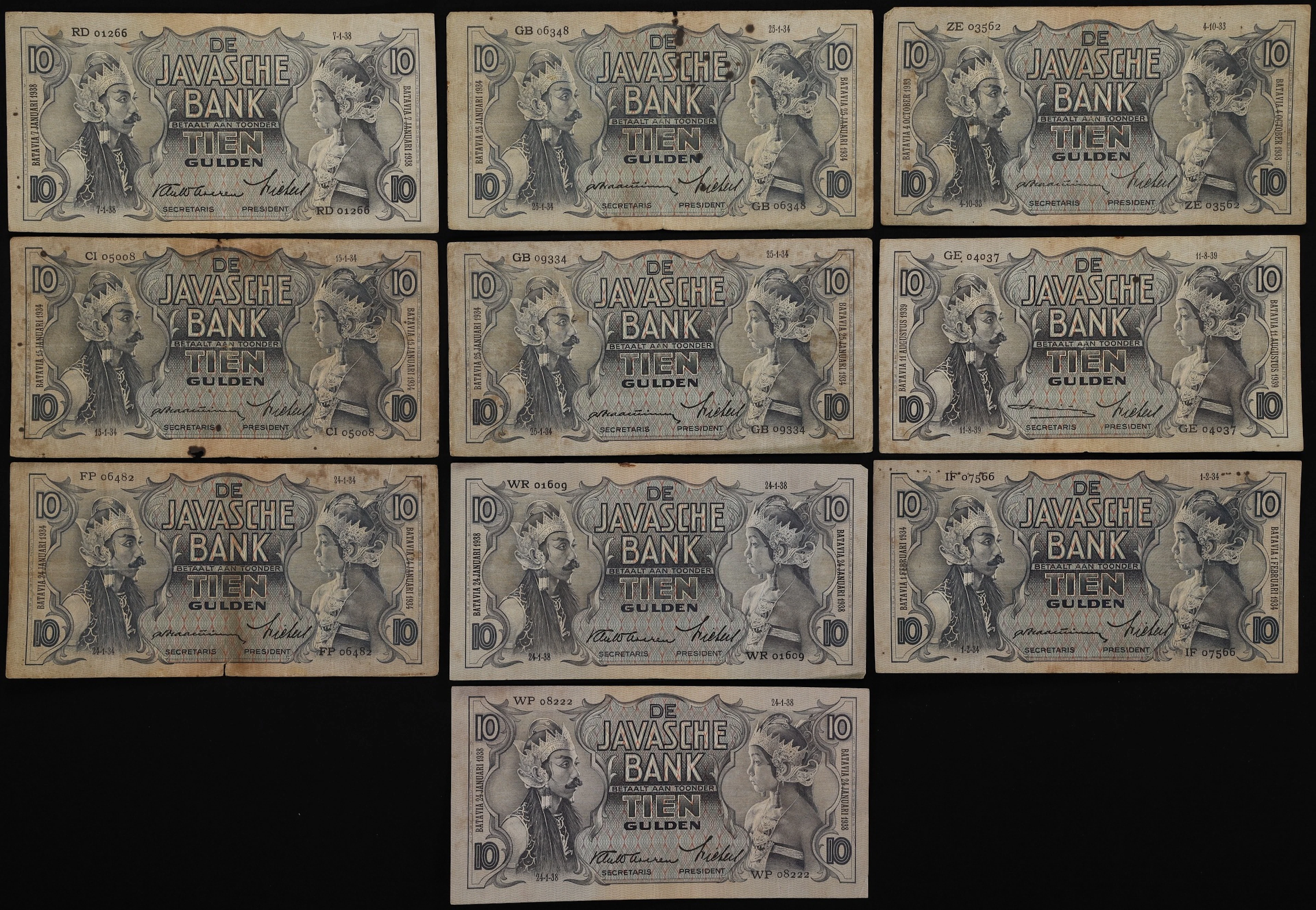 NETHERLANDS INDIES. Lot of (10). Javasche Bank. 10 Gulden, 1933-39.