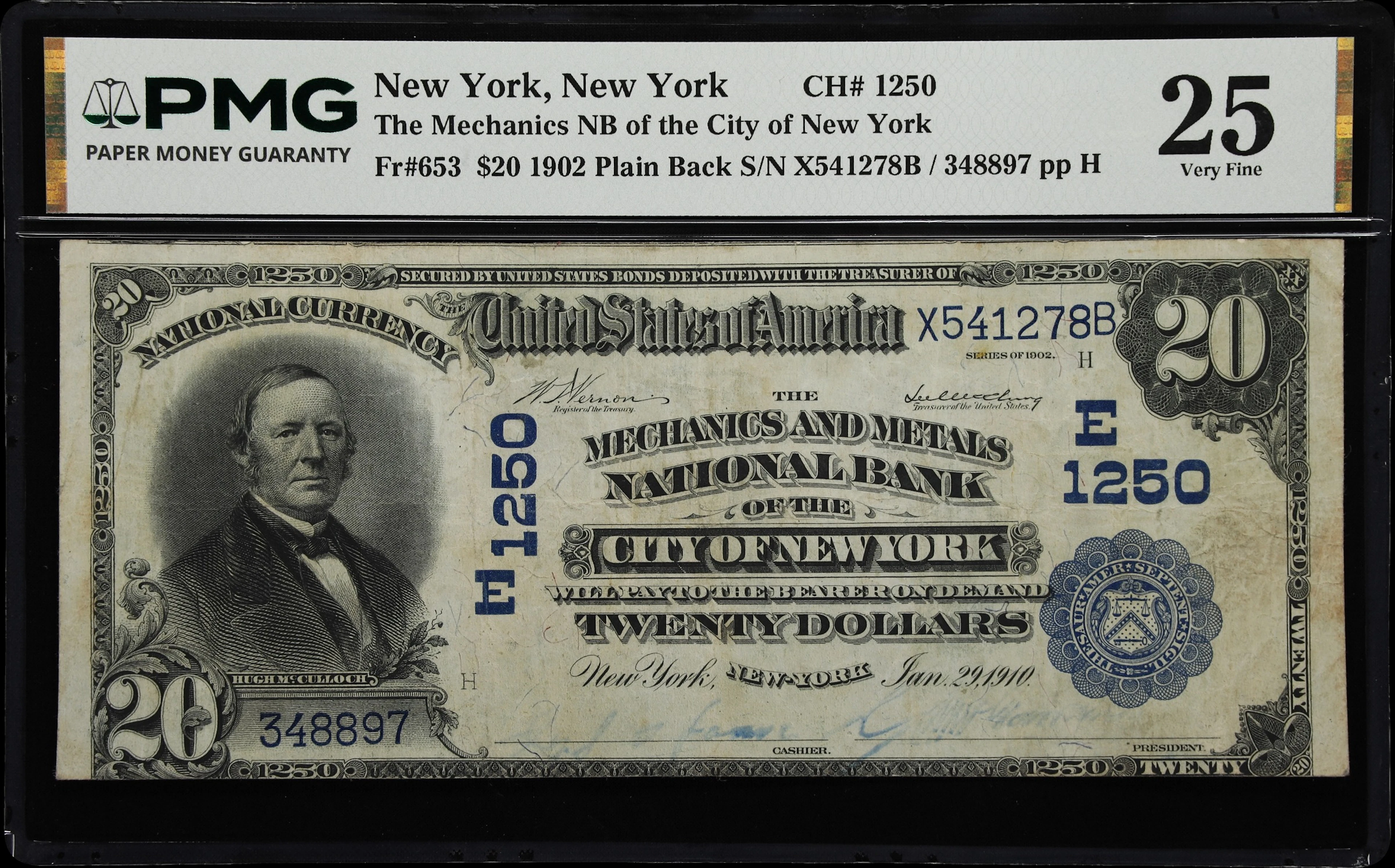 New York, New York. 1902 Plain Back $20 Fr. 653. Mechanics & Metals