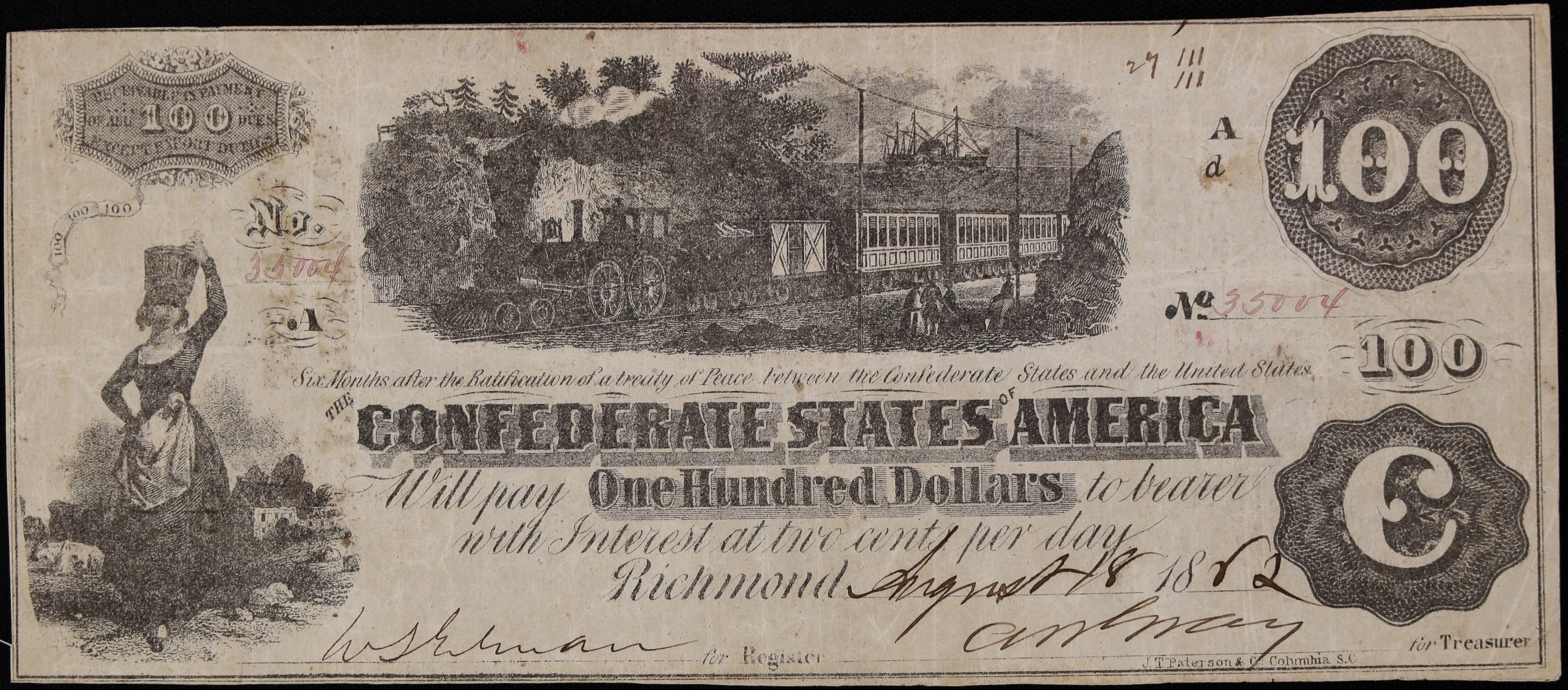 T-40. Confederate Currency. 1862 $100. Very Fine. Penned Military