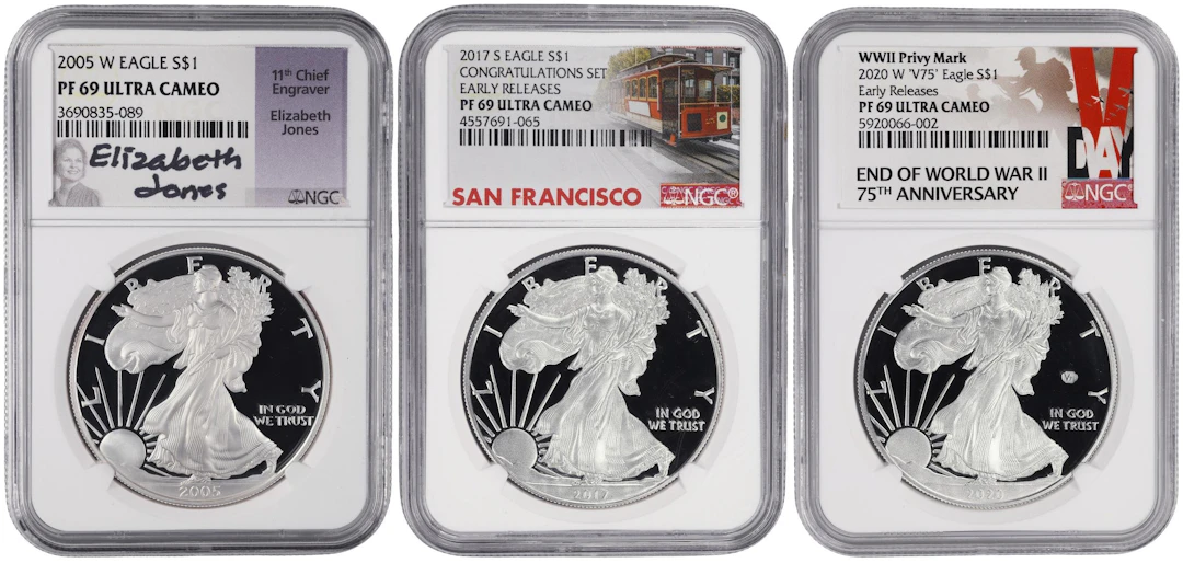 (3 oz, 93.312 g ASW). Lot of (3) Mixed Date American Silver Eagles.