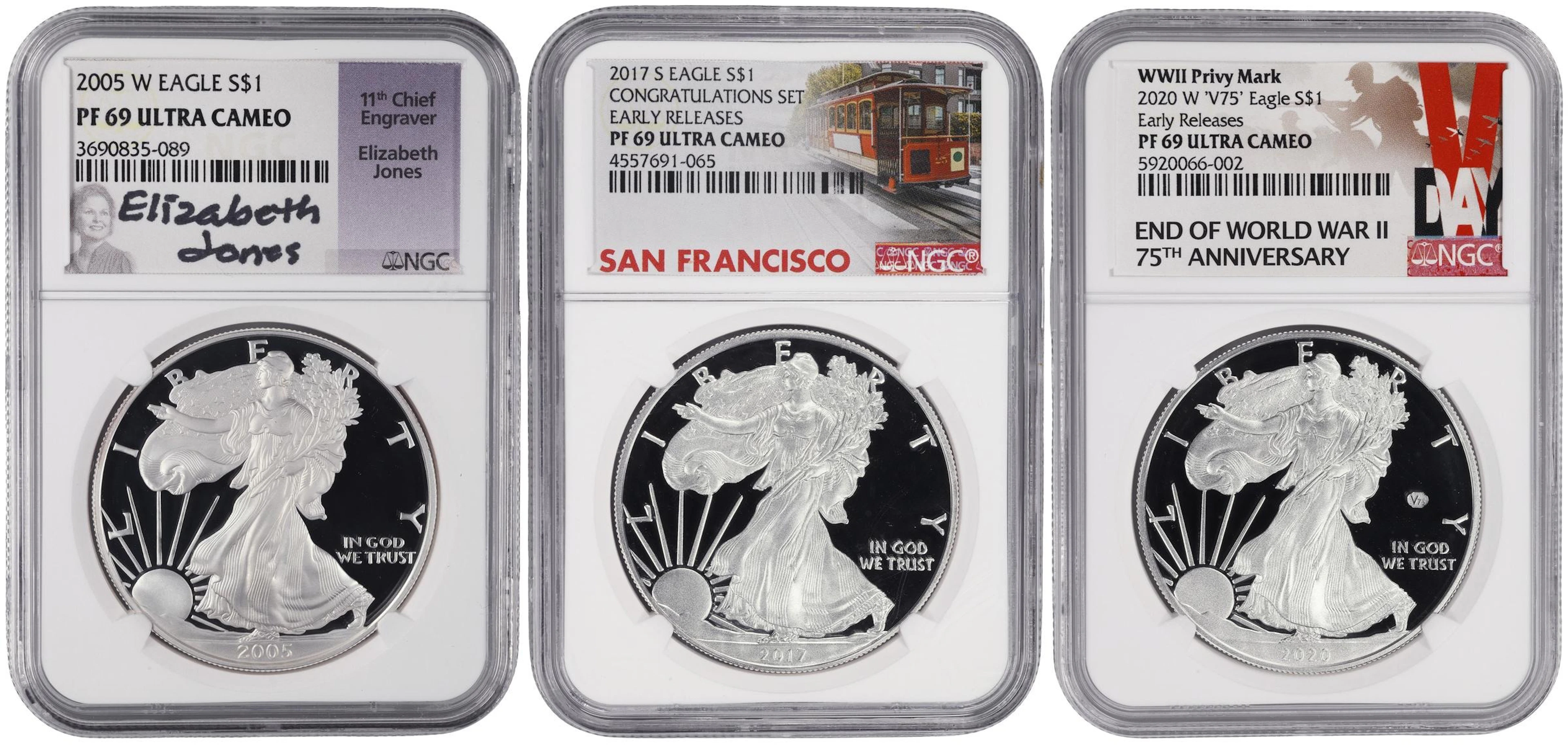 (3 oz, 93.312 g ASW). Lot of (3) Mixed Date American Silver Eagles.