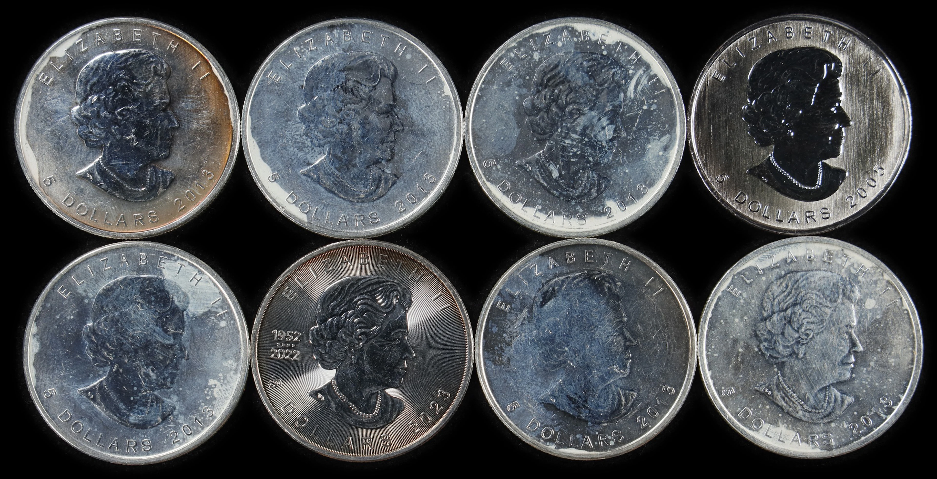 (8 oz, 248.832 g ASW). Canada. Lot of (8) Mixed Date 1 oz Silver Maple Leaf $5.