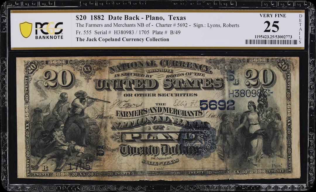 Plano, Texas. $20 1882 Date Back. Fr. 555. Farmers & Merchants NB.