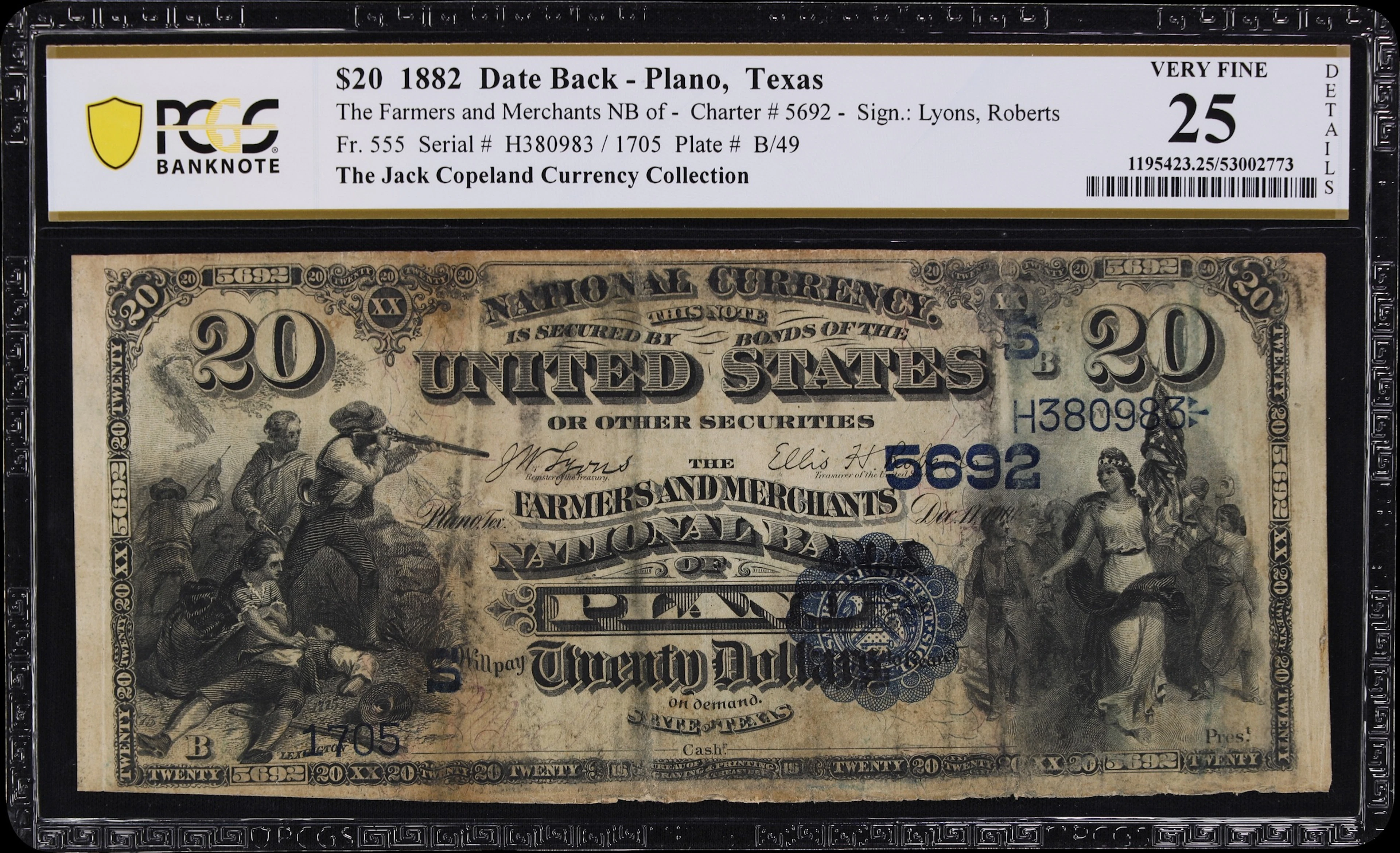 Plano, Texas. $20 1882 Date Back. Fr. 555. Farmers & Merchants NB.