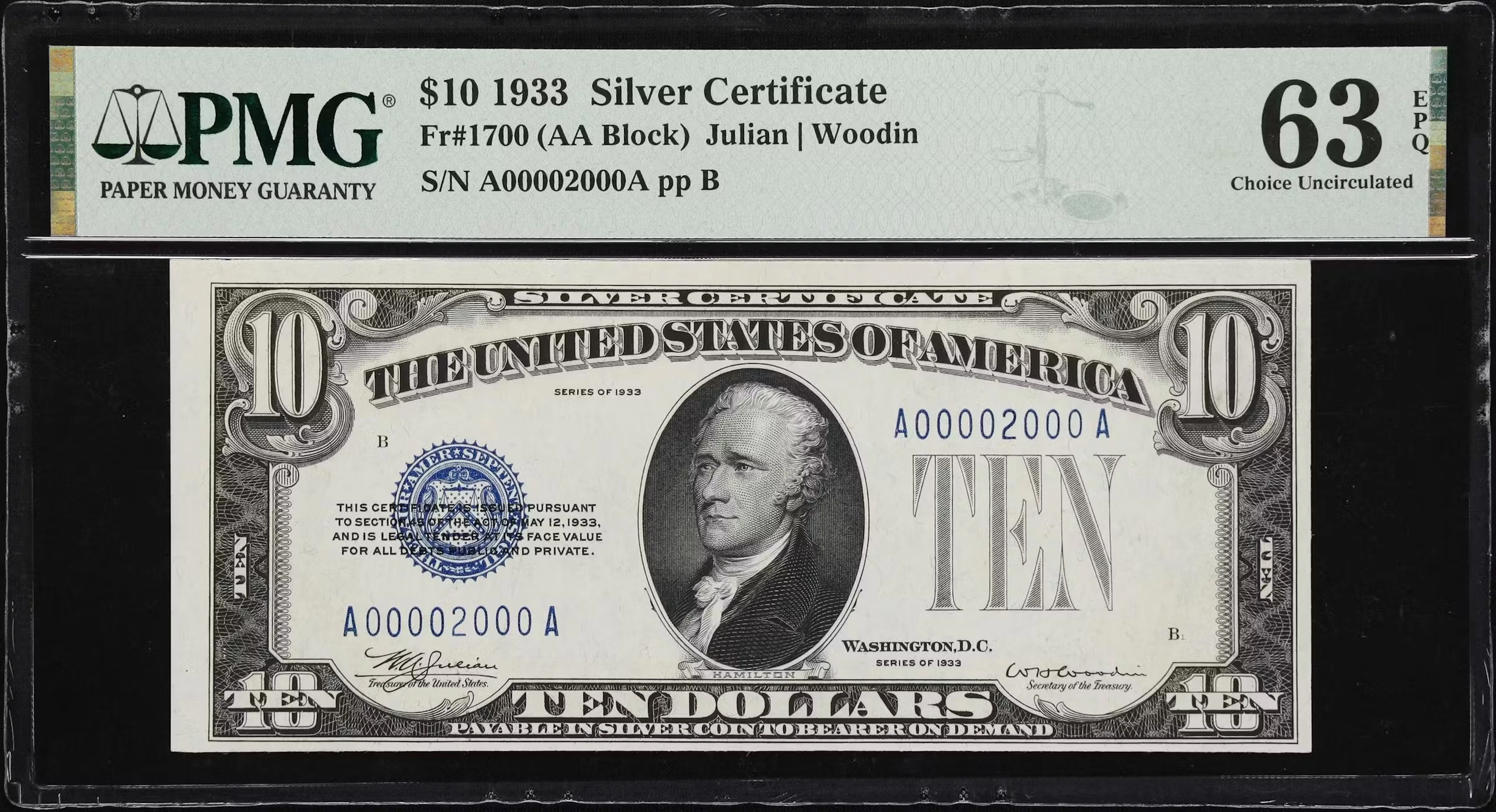 Fr. 1700. 1933 $10 Silver Certificate. PMG Choice Uncirculated 63 EPQ.