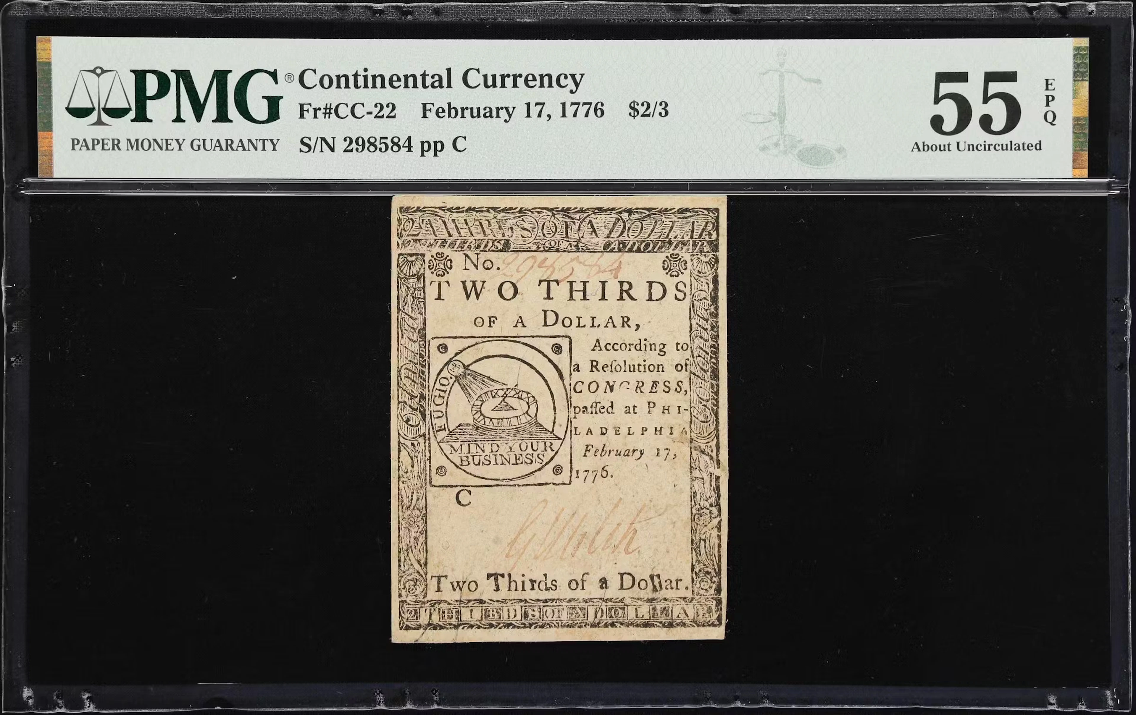 CC-22. Continental Currency. February 17, 1776. $2/3. PMG About Uncirculated