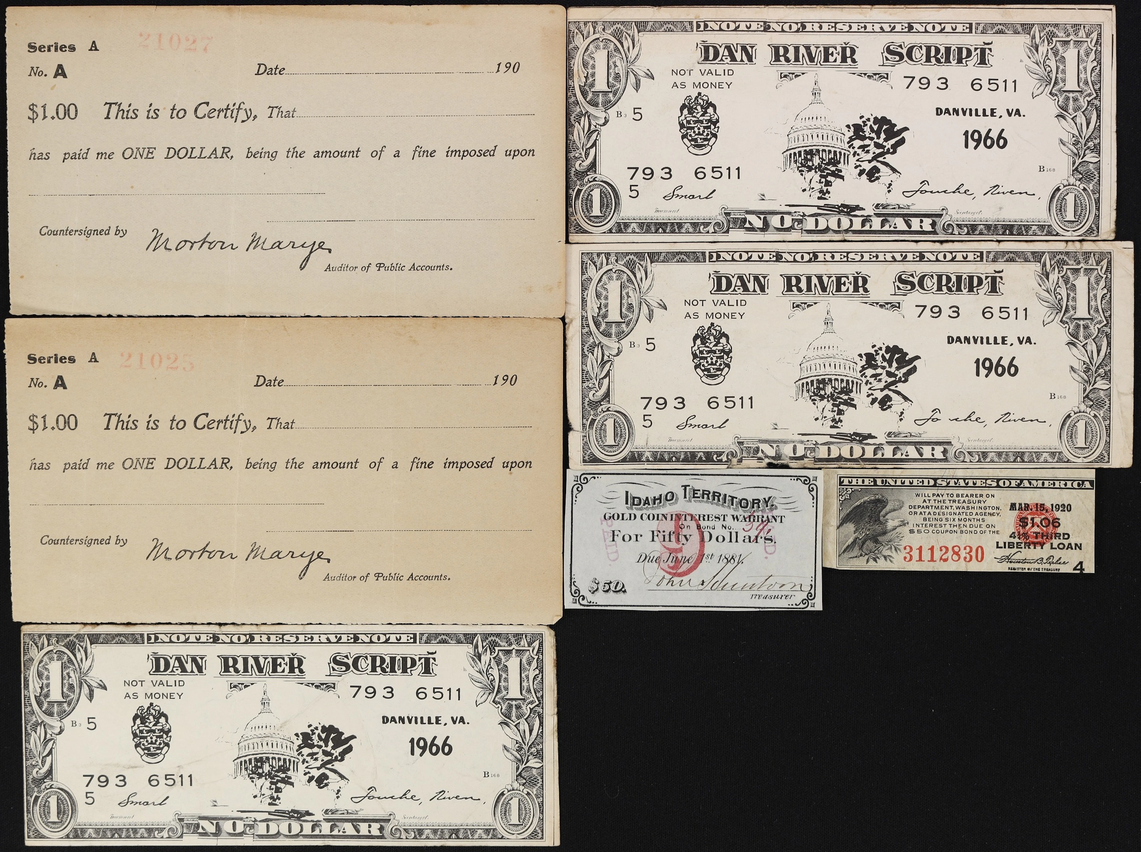 Lot of (7) Mixed Financial Instruments & Bond Coupons. 1881 - 1966.