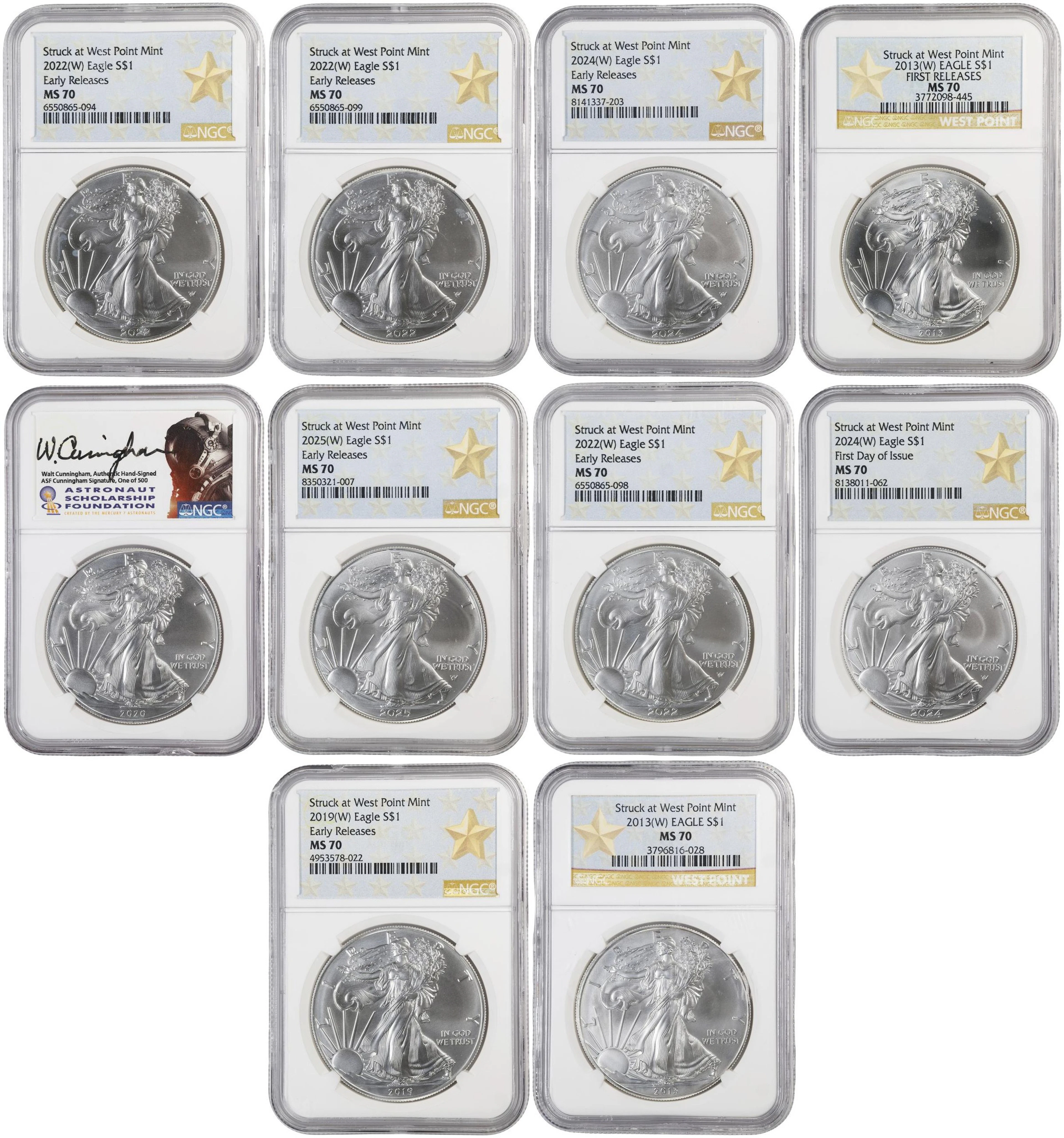 (10 oz, 311.04 g ASW). Lot of (10) Mixed Date American Silver Eagles.