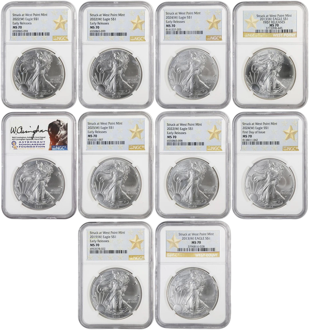 (10 oz, 311.04 g ASW). Lot of (10) Mixed Date American Silver Eagles.