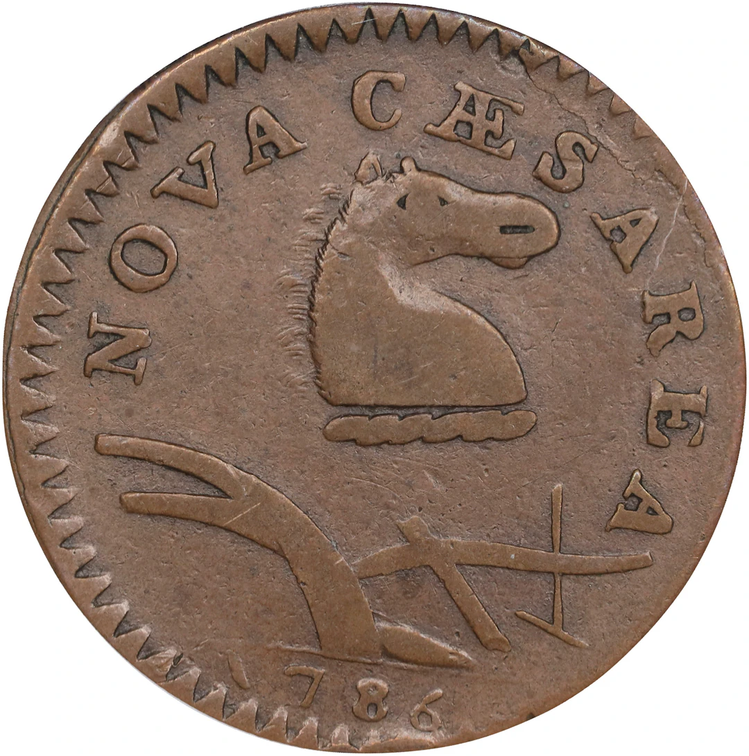 1786 New Jersey Copper. Maris 19-M, W-4900. Rarity-5. Curved Plow