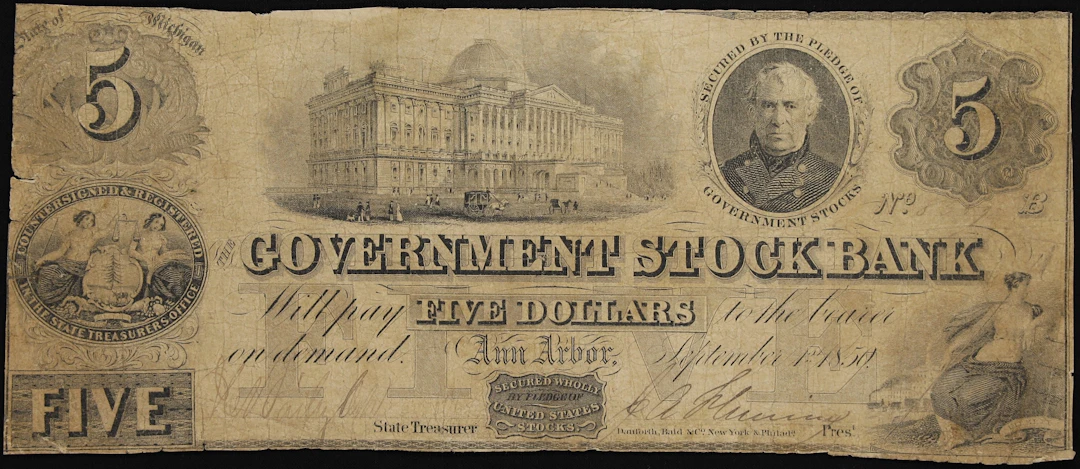 Ann Arbor, Michigan. Government Stock Bank. 1850 $5. Very Good.