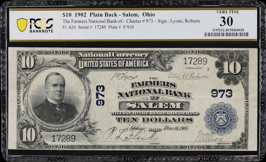 Salem, Ohio. $10 1902 Plain Back. Fr. 624. Farmers NB. Charter #973.
