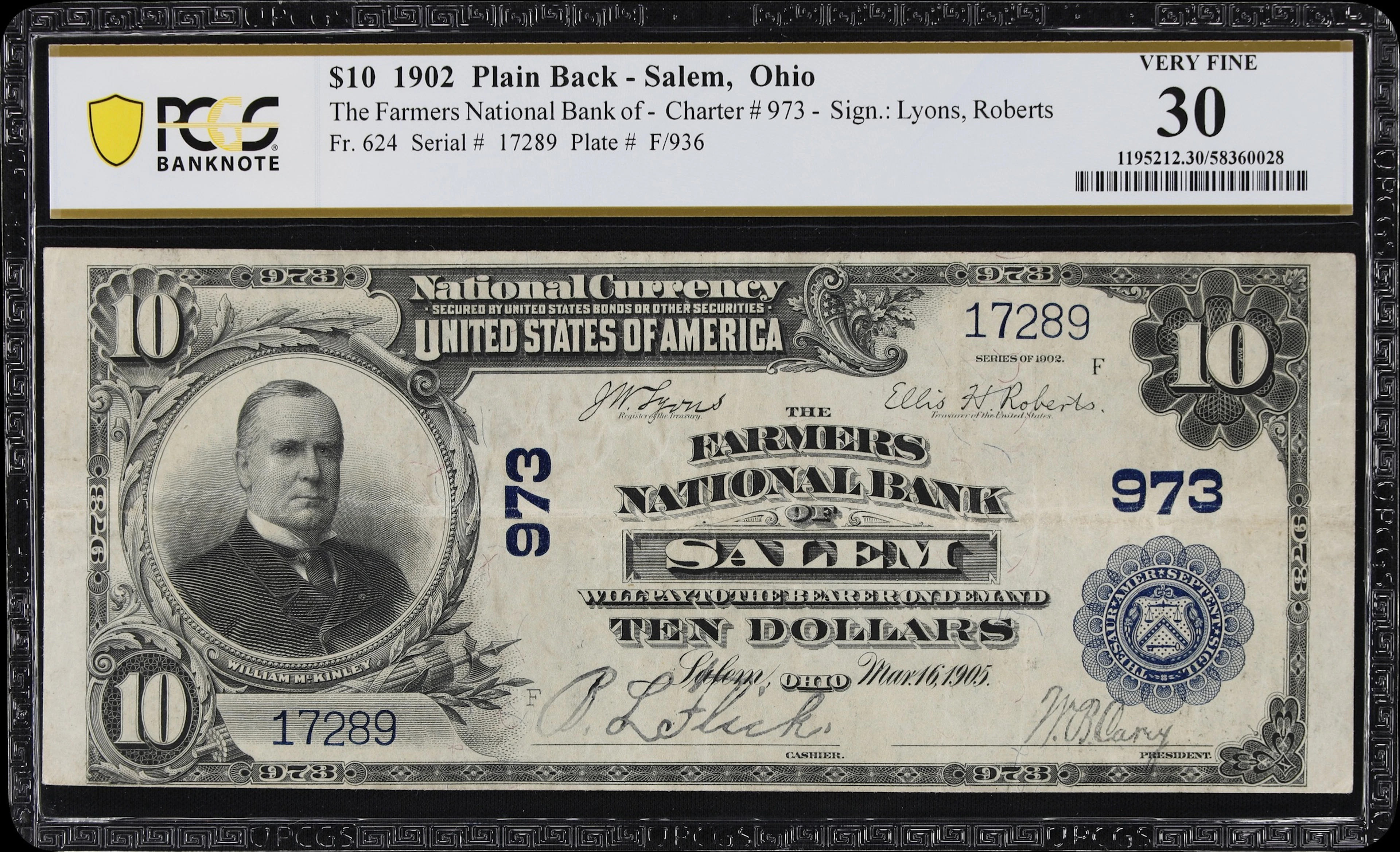 Salem, Ohio. $10 1902 Plain Back. Fr. 624. Farmers NB. Charter #973.