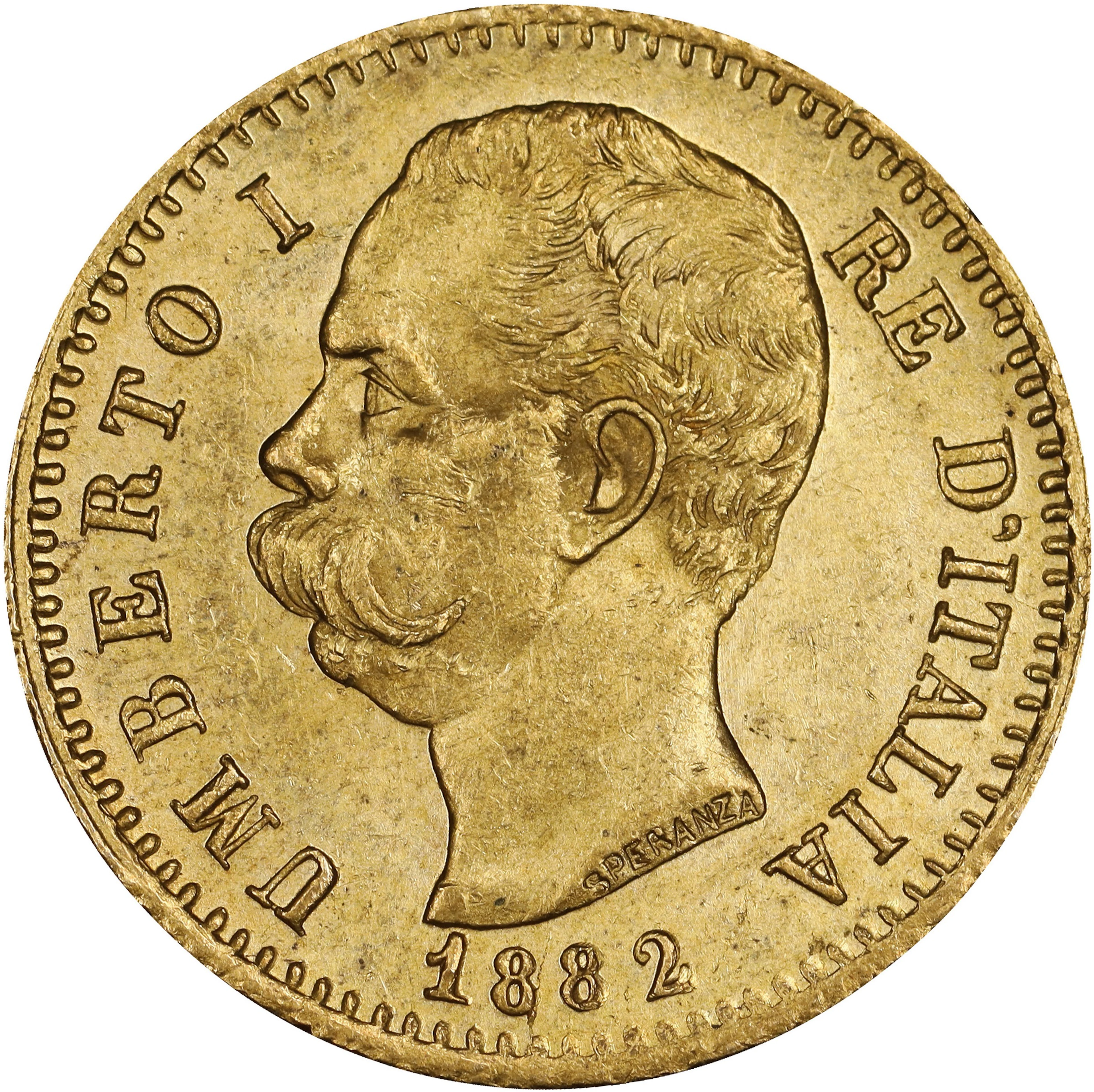 (0.187 oz, 5.816 g AGW). Italy. 1882 Gold 20 Lire.