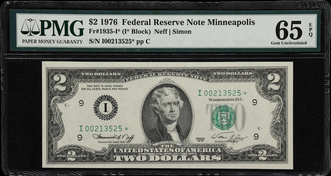 Fr. 1935-I*. 1976 $2 Federal Reserve Star Note. Minneapolis. PMG Gem