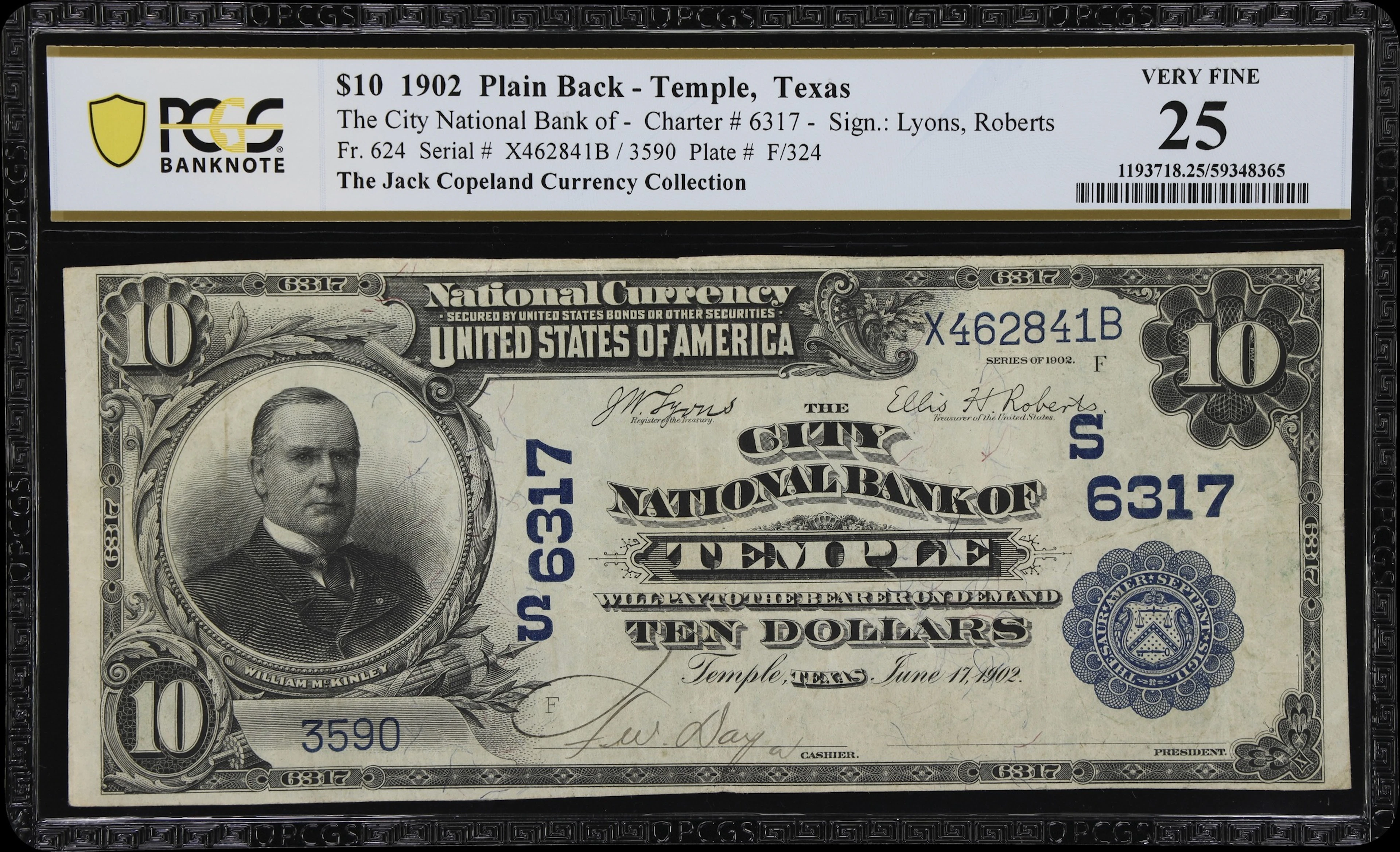 Temple, Texas. $10 1902 Plain Back. Fr. 624. City NB. Charter #6317.