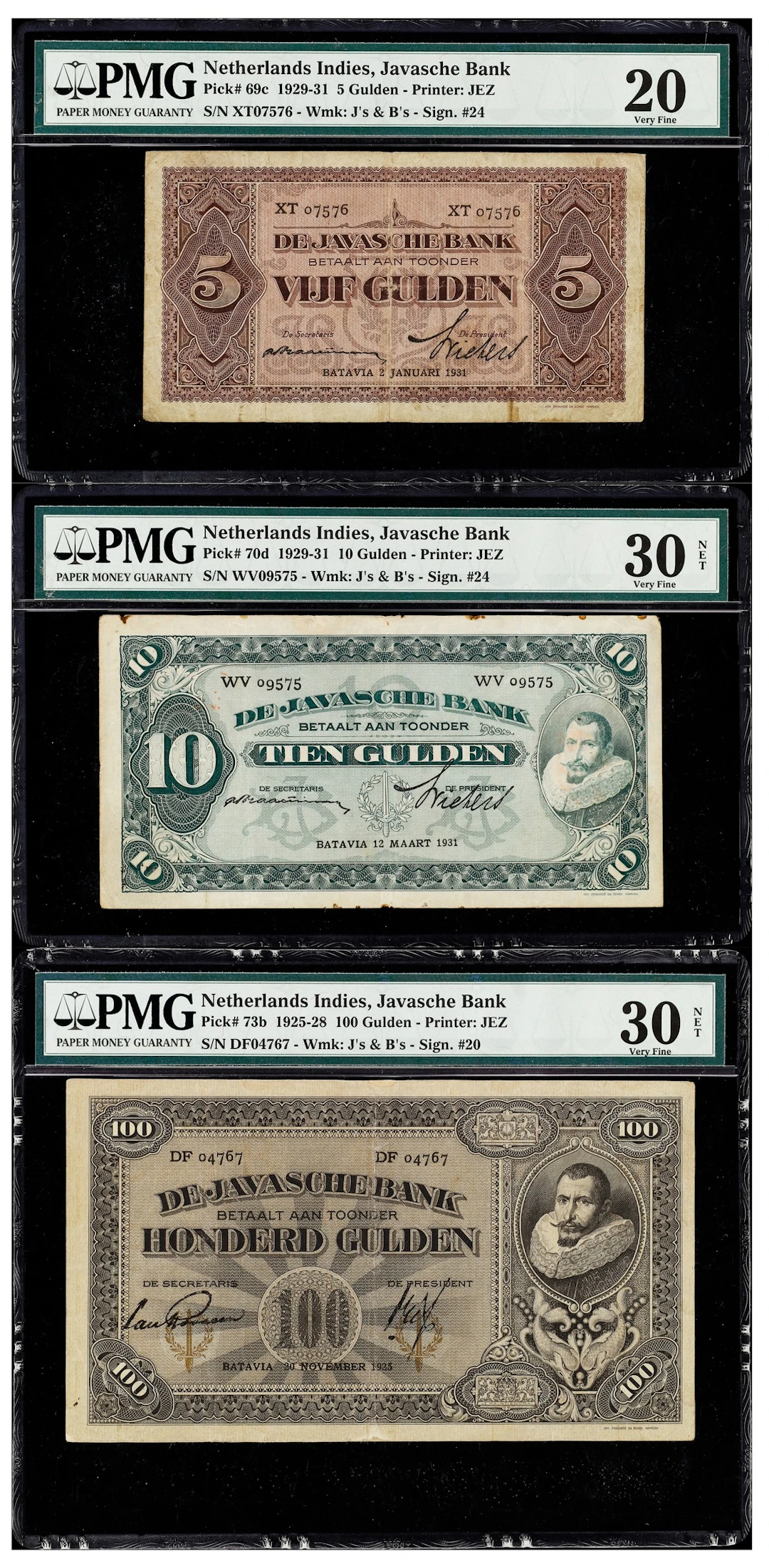 NETHERLANDS INDIES. Lot of (3). Javasche Bank. 5, 10, & 100 Gulden