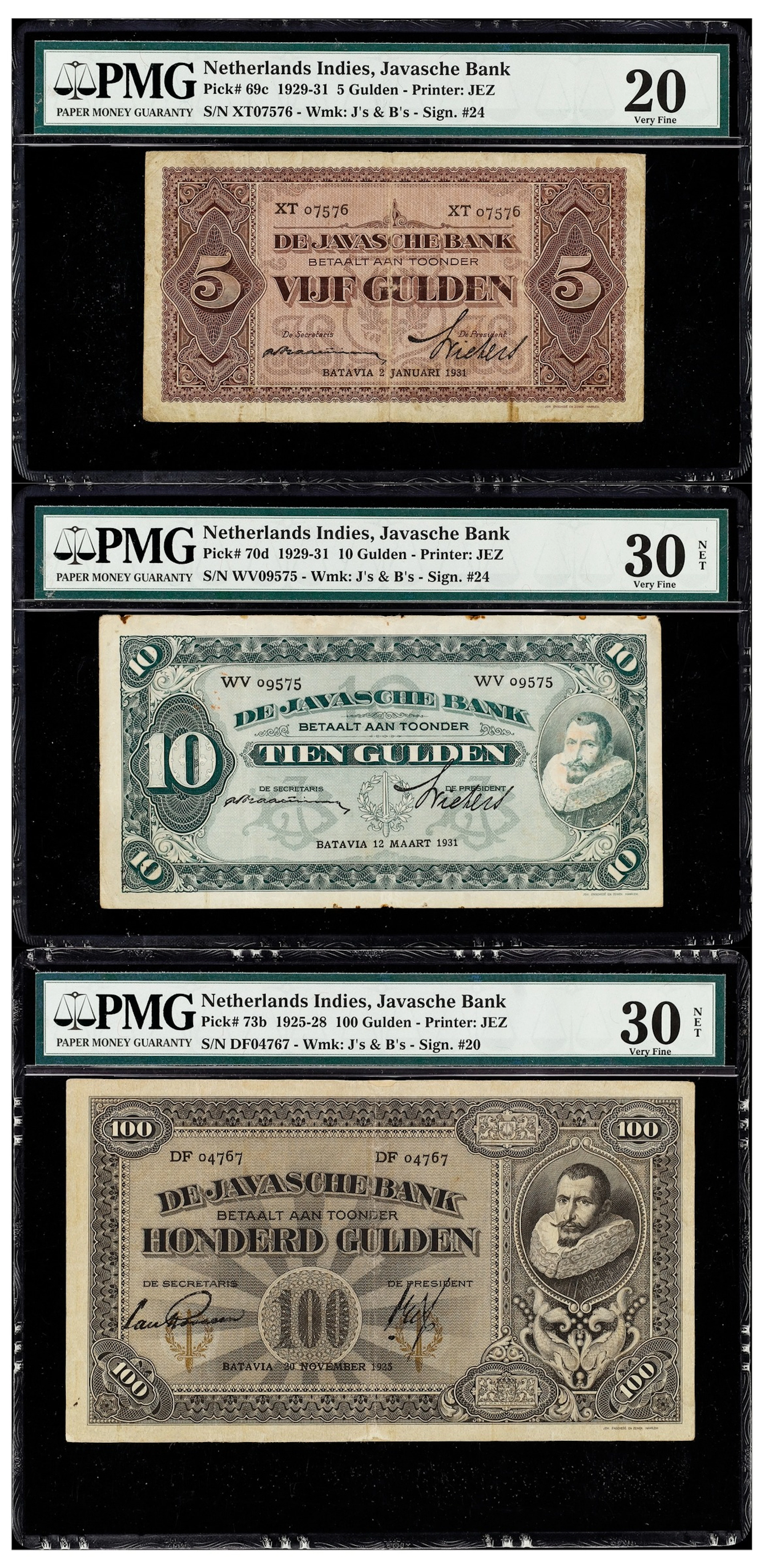 NETHERLANDS INDIES. Lot of (3). Javasche Bank. 5, 10, & 100 Gulden
