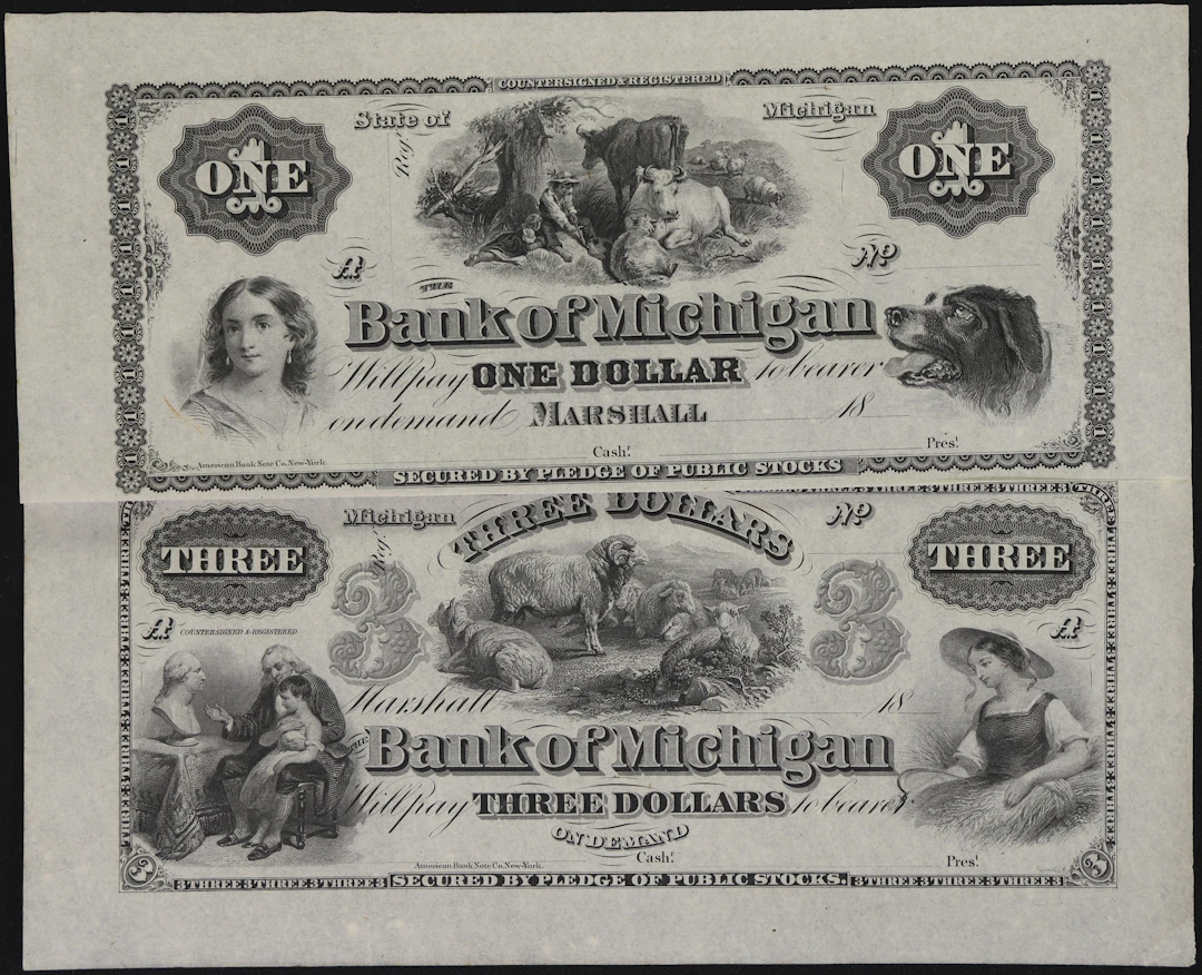 Uncut Sheet of (2) Marshall, Michigan. Bank of Michigan. 18xx $1 &