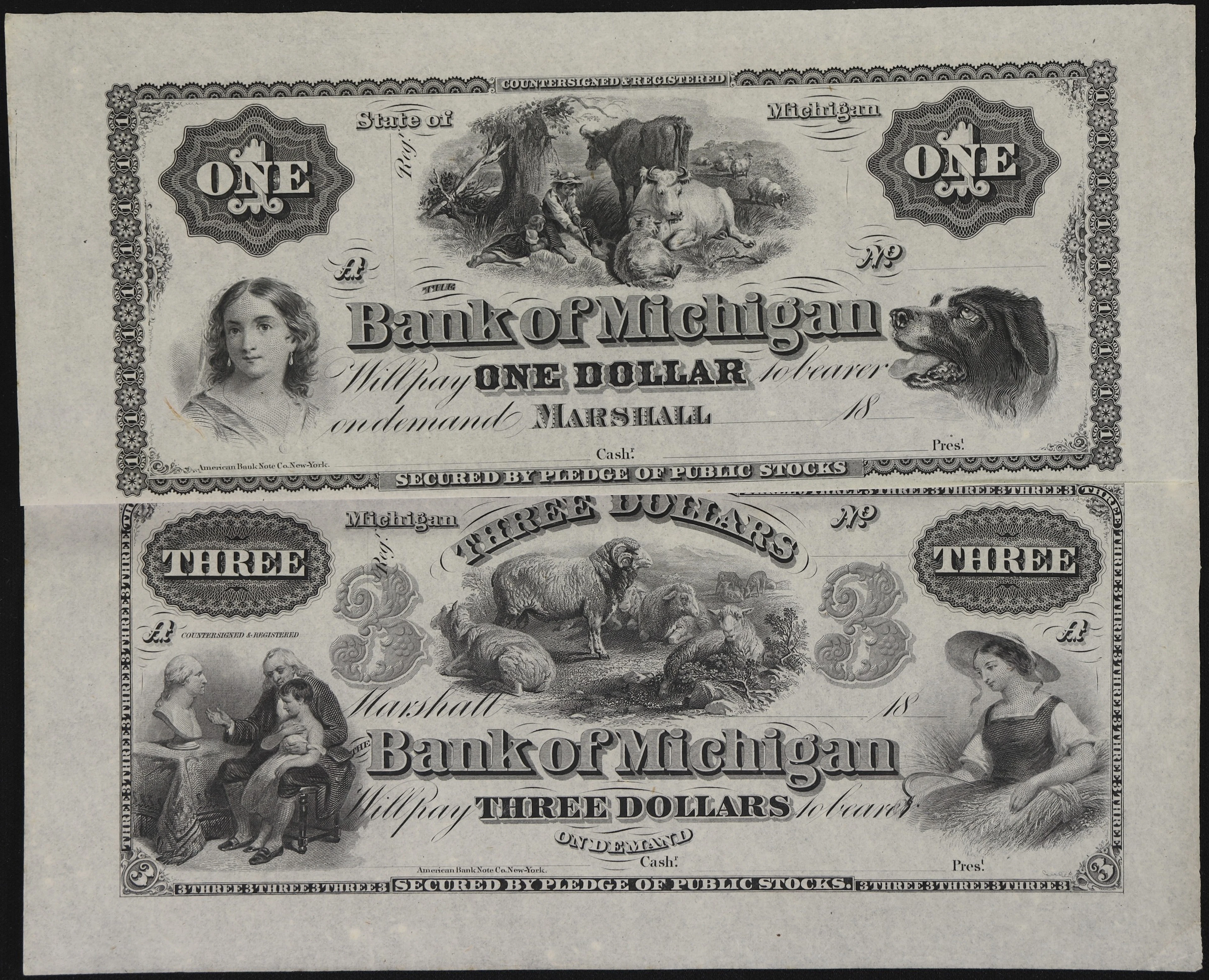 Uncut Sheet of (2) Marshall, Michigan. Bank of Michigan. 18xx $1 &