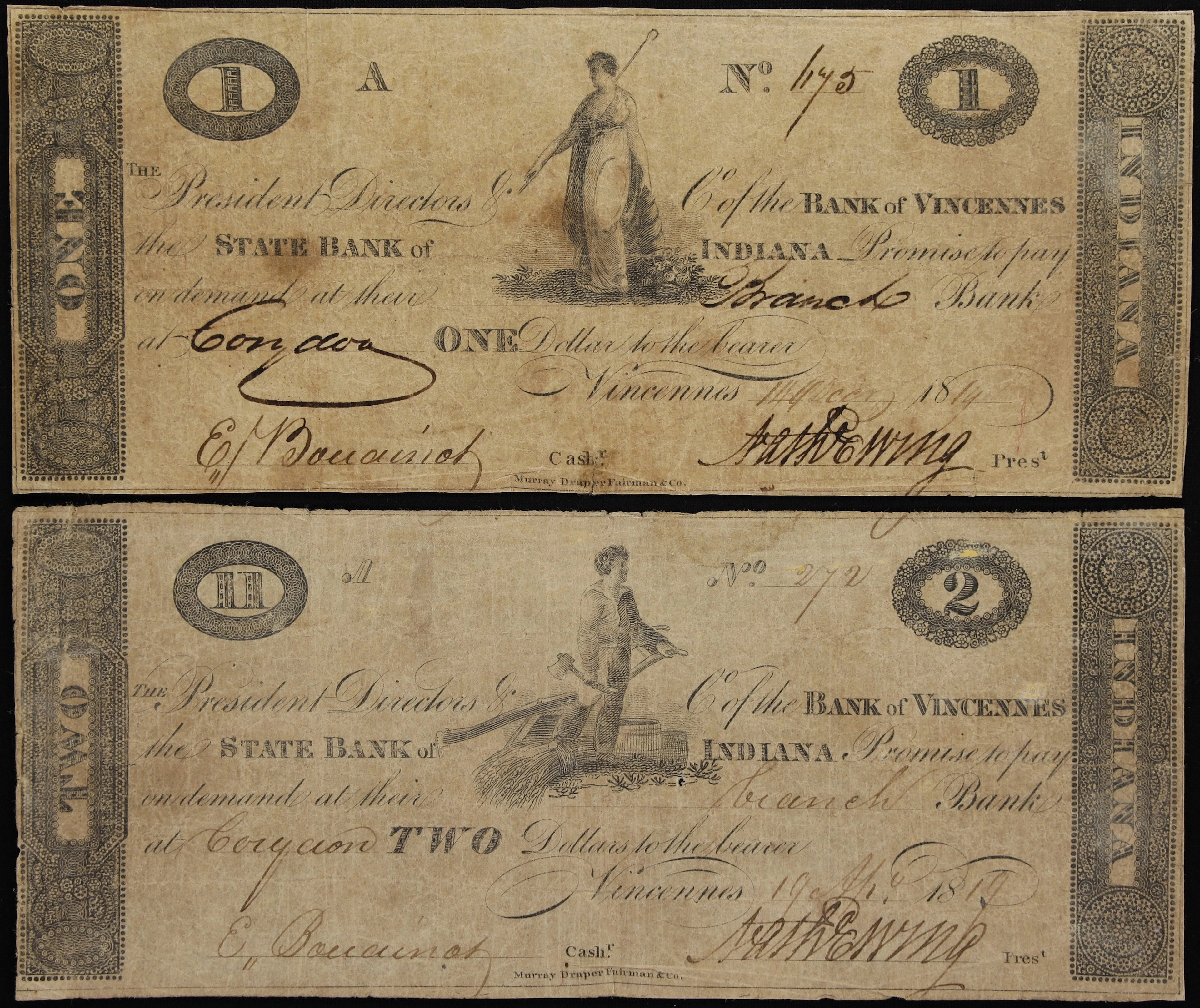 Lot of (2) Vincennes, Indiana. Bank of Vincennes. 1814-19 $1 & $2. Very Good.