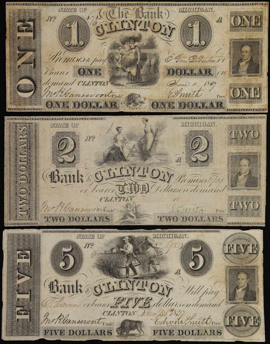 Lot of (3) Clinton, Michigan. Bank of Clinton. 18xx-37 $1, $2 & $5.