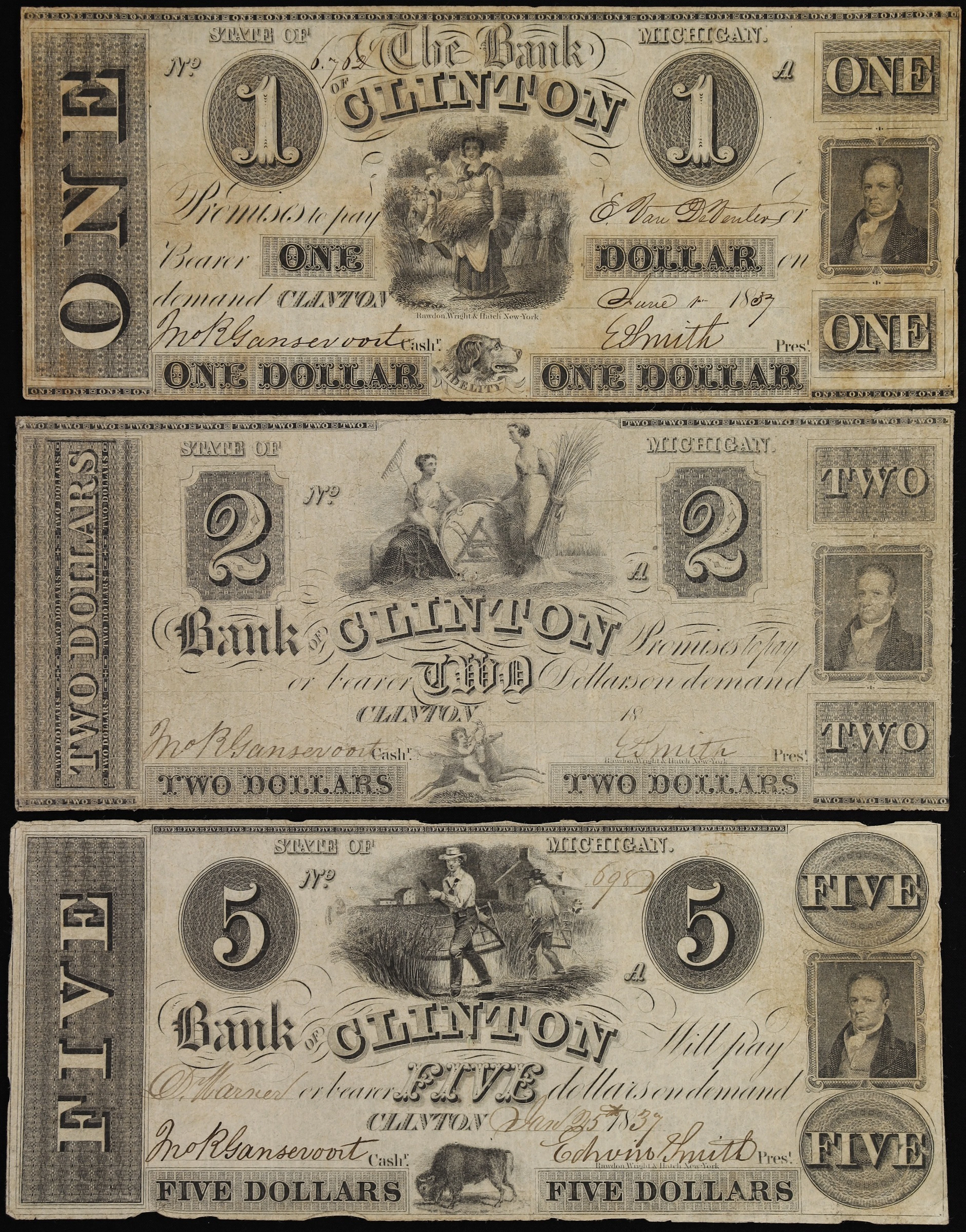 Lot of (3) Clinton, Michigan. Bank of Clinton. 18xx-37 $1, $2 & $5.