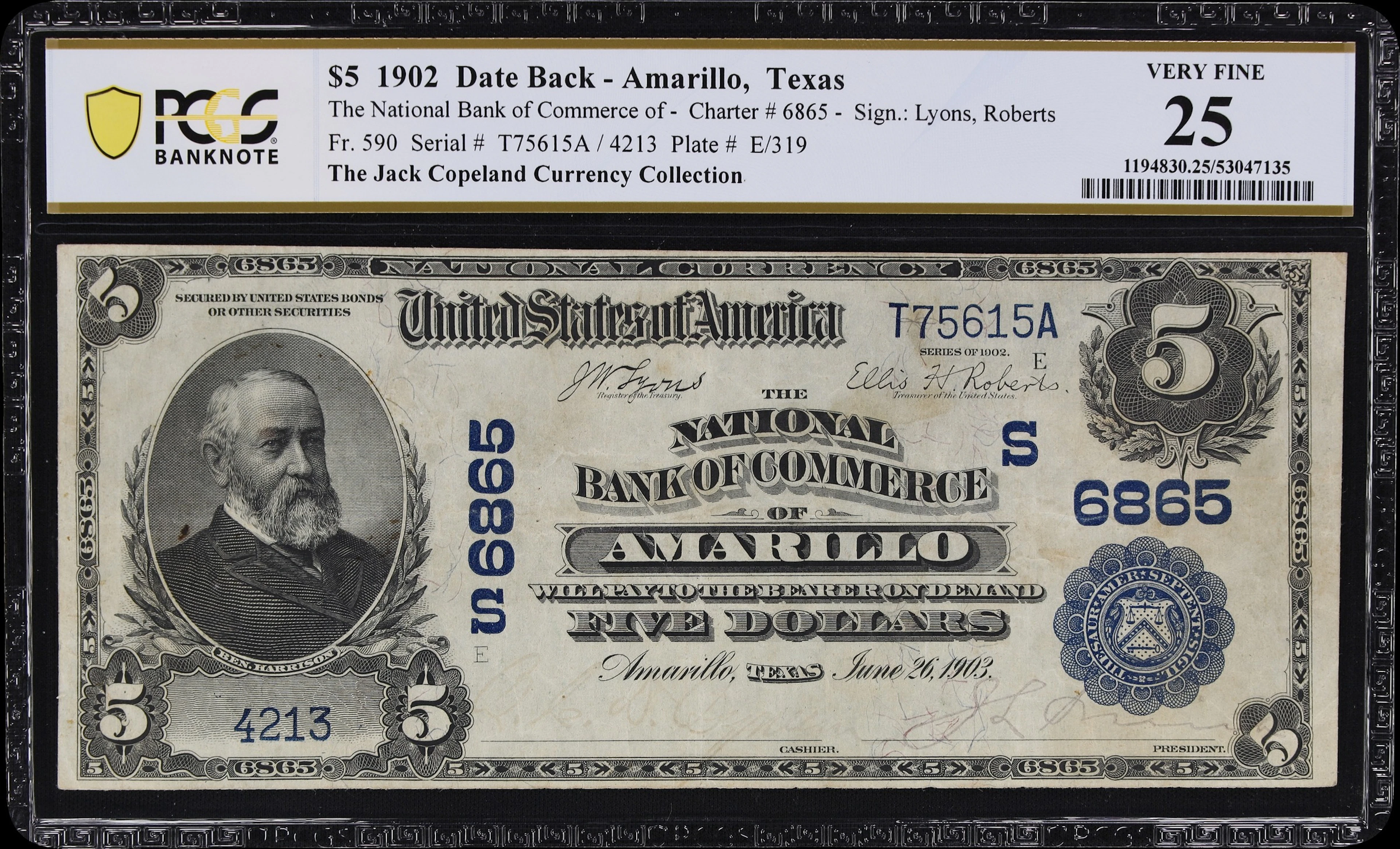 Amarillo, Texas. $5 1902 Date Back. Fr. 590. NB of Commerce. Charter