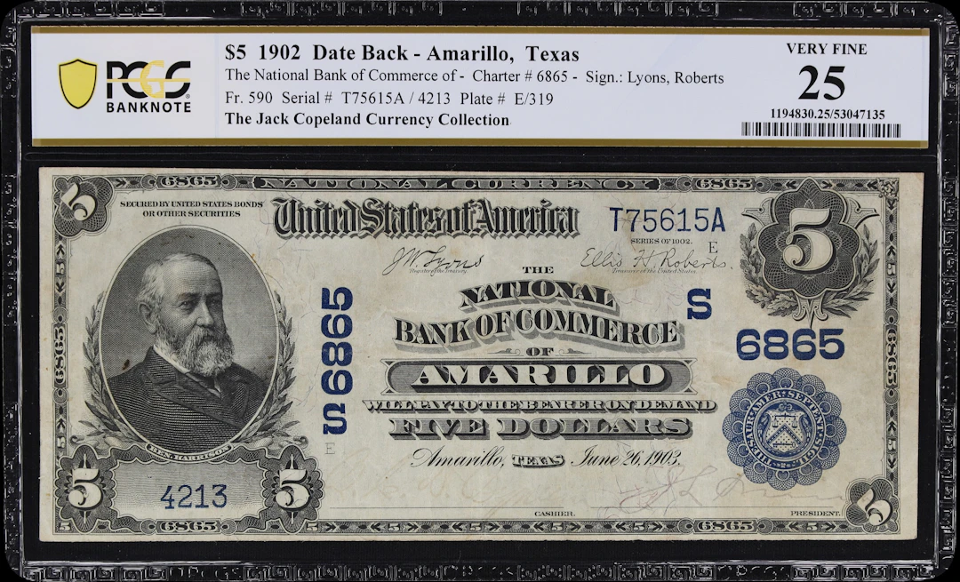 Amarillo, Texas. $5 1902 Date Back. Fr. 590. NB of Commerce. Charter