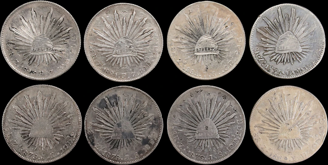 MEXICO. Octet of Cap & Ray 8 Reales (8 Pieces), 1835-93. Zacatecas
