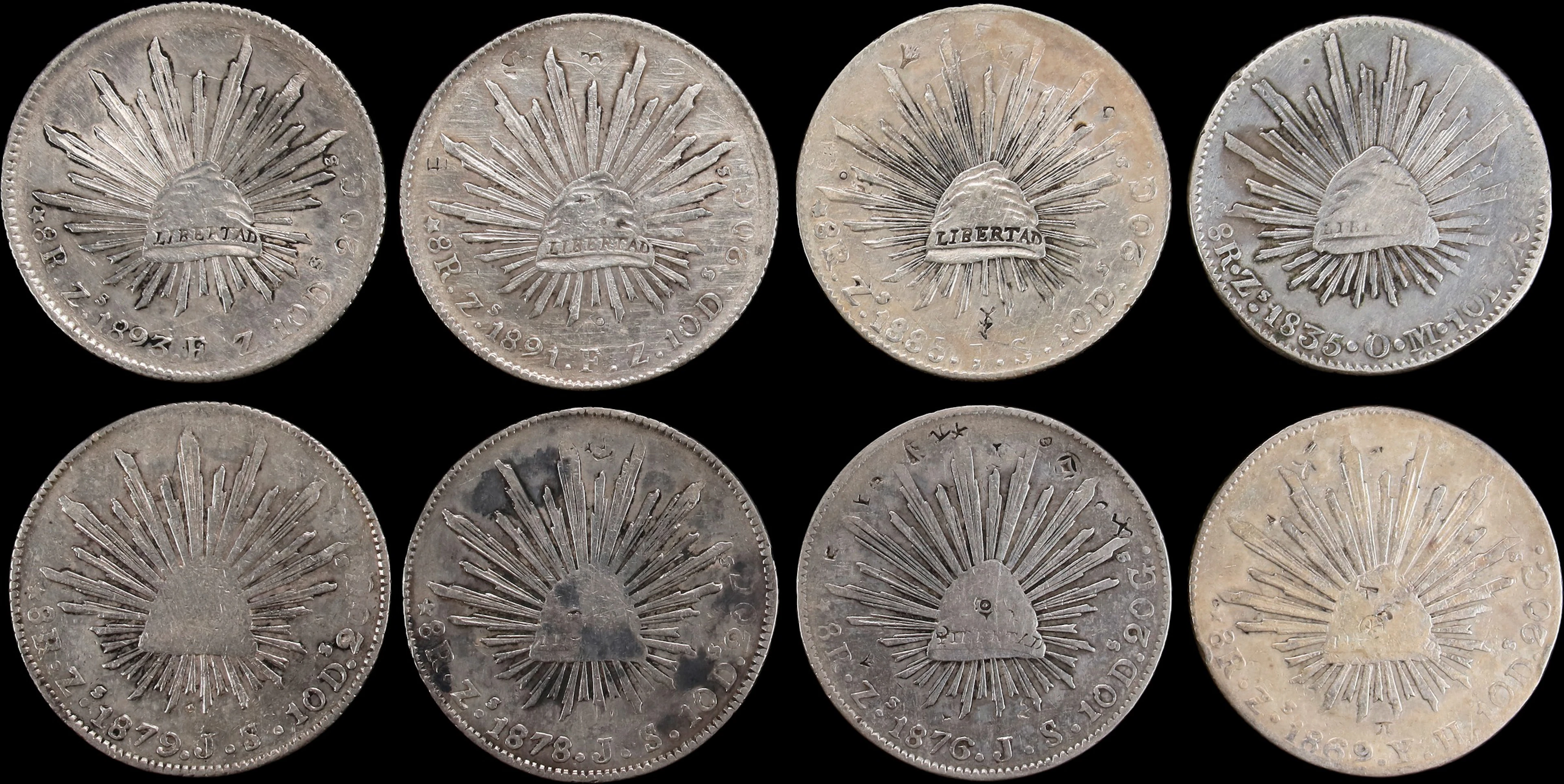 MEXICO. Octet of Cap & Ray 8 Reales (8 Pieces), 1835-93. Zacatecas