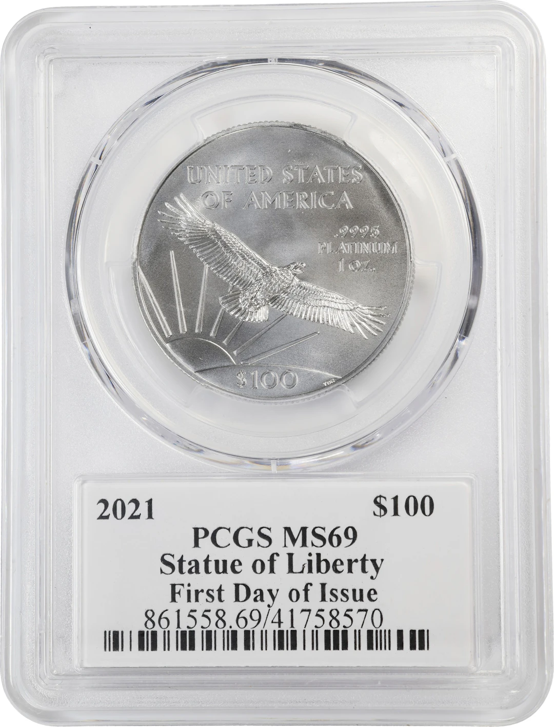 (1 oz, 31.104 g APtW). 2021 American Platinum Eagle $100. MS-69 (PCGS).