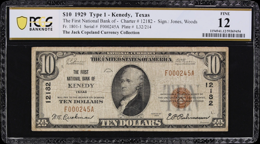 Kenedy, Texas. $10 1929 Ty. 1. Fr. 1801-1. First NB. Charter #12182.