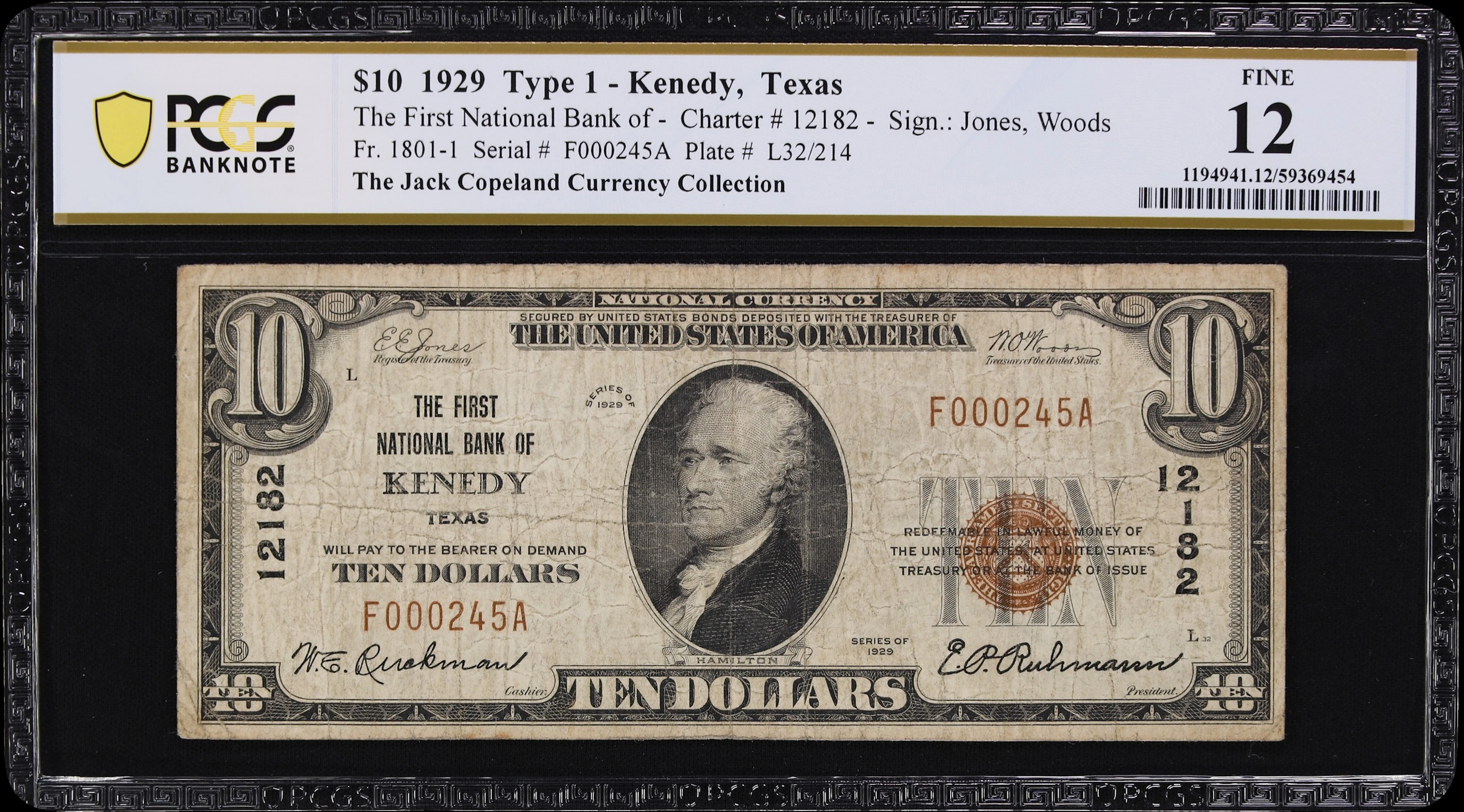 Kenedy, Texas. $10 1929 Ty. 1. Fr. 1801-1. First NB. Charter #12182.