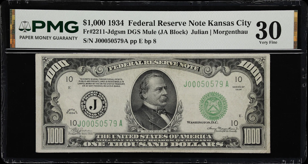 Fr. 2211-Jdgsm. 1934 Dark Green Seal $1000 Federal Reserve Note. Mule.