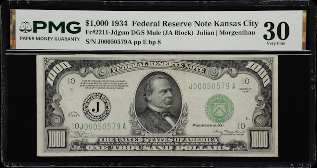 Fr. 2211-Jdgsm. 1934 Dark Green Seal $1000 Federal Reserve Note. Mule.