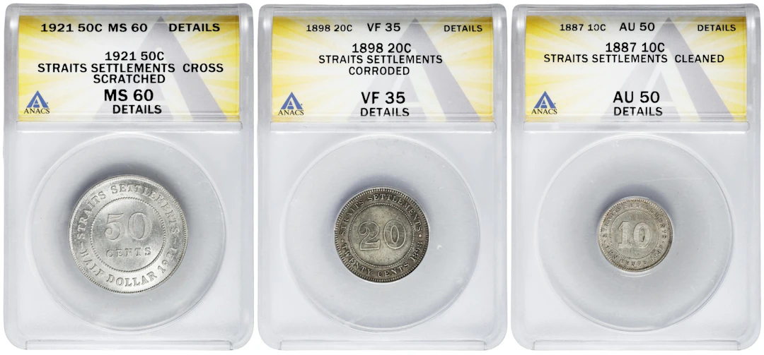 STRAITS SETTLEMENTS. Trio of Mixed Denominations (3 Pieces), 1887-1921.