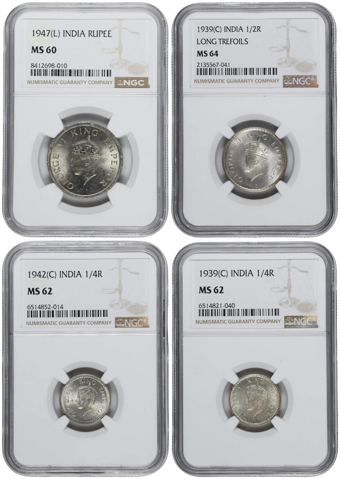 INDIA. Quartet of Mixed Denominations, 1939-47. George VI. All NGC Certified.