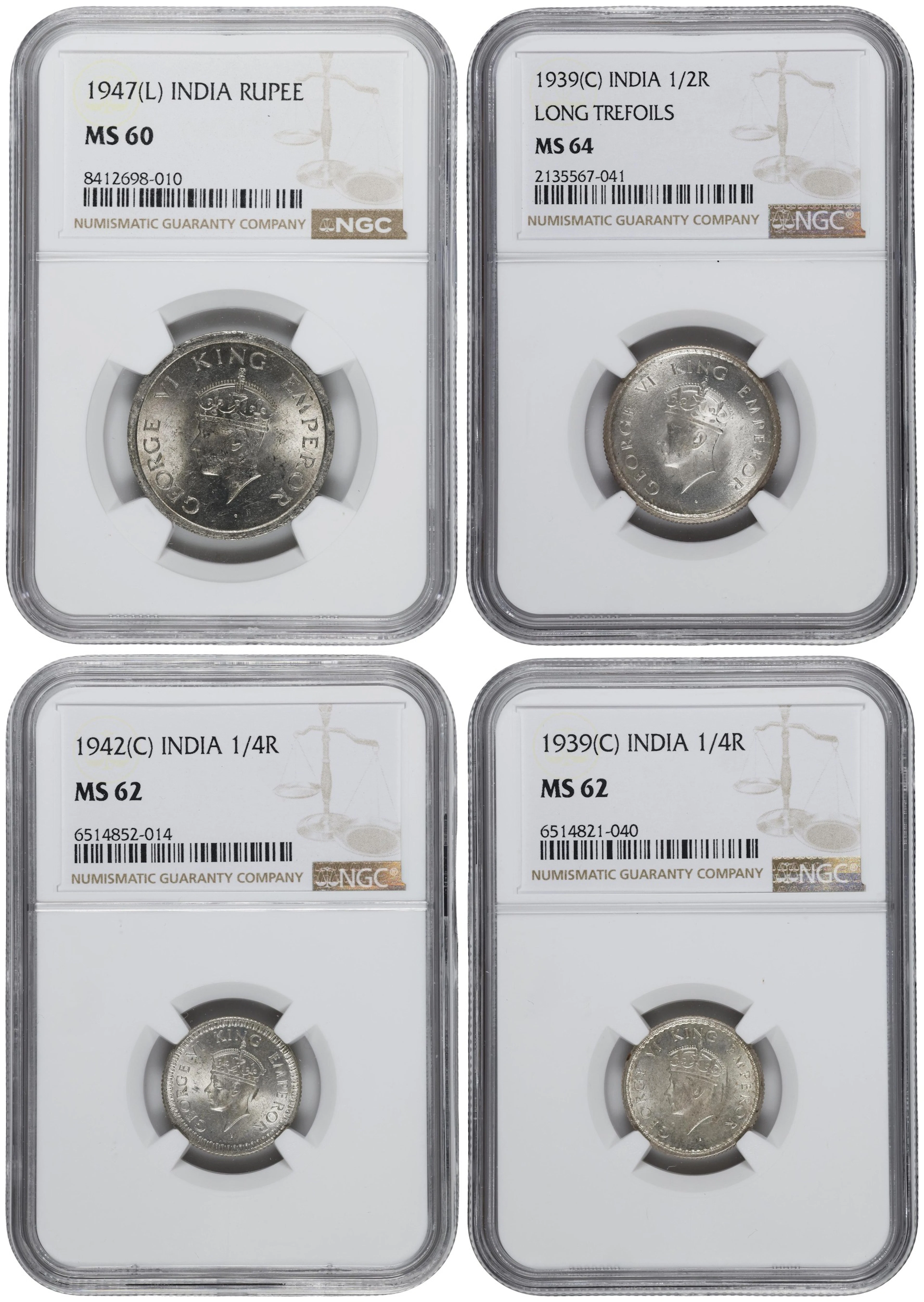 INDIA. Quartet of Mixed Denominations, 1939-47. George VI. All NGC Certified.